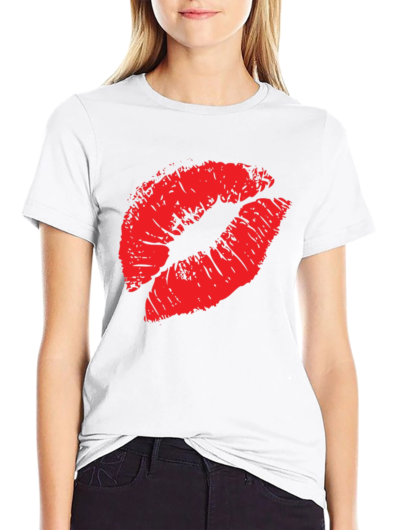 Black Red Lips Print Black T-Shirt view 9