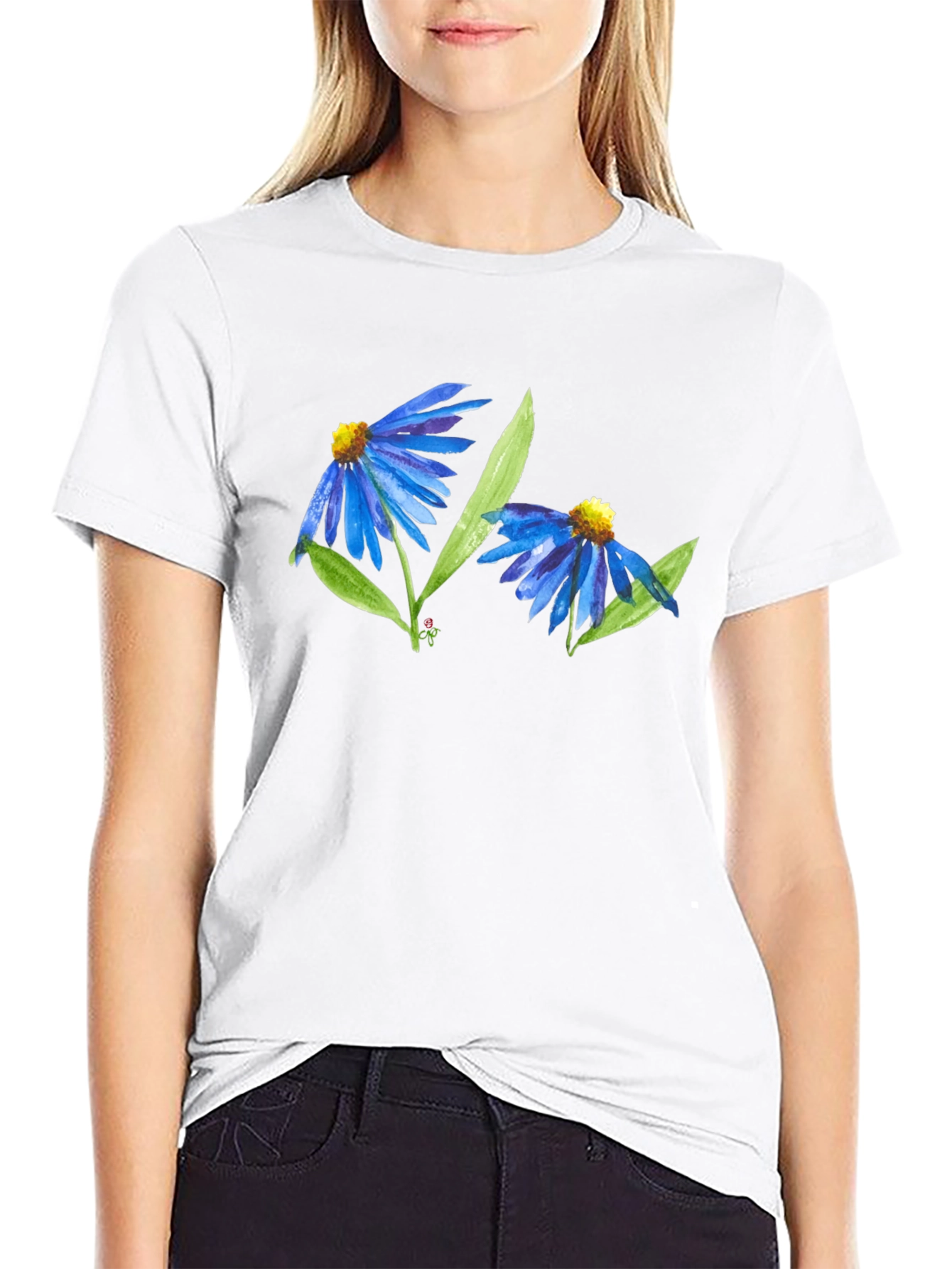 Black Blue Flower Graphic T-Shirt - Soft Cotton Blend view 9