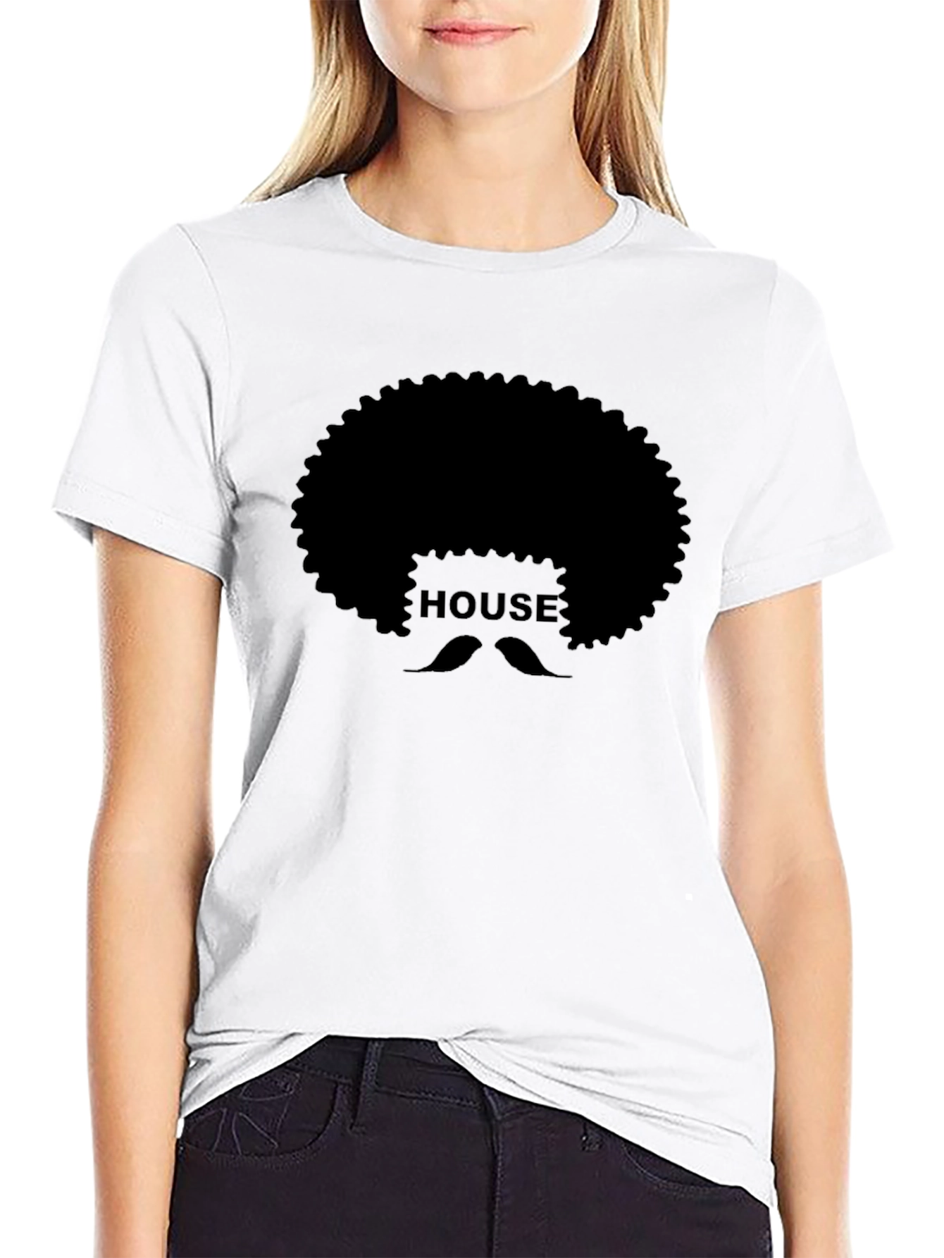 Black House Afro Mustache Graphic Tee - Black Cotton T-Shirt view 9