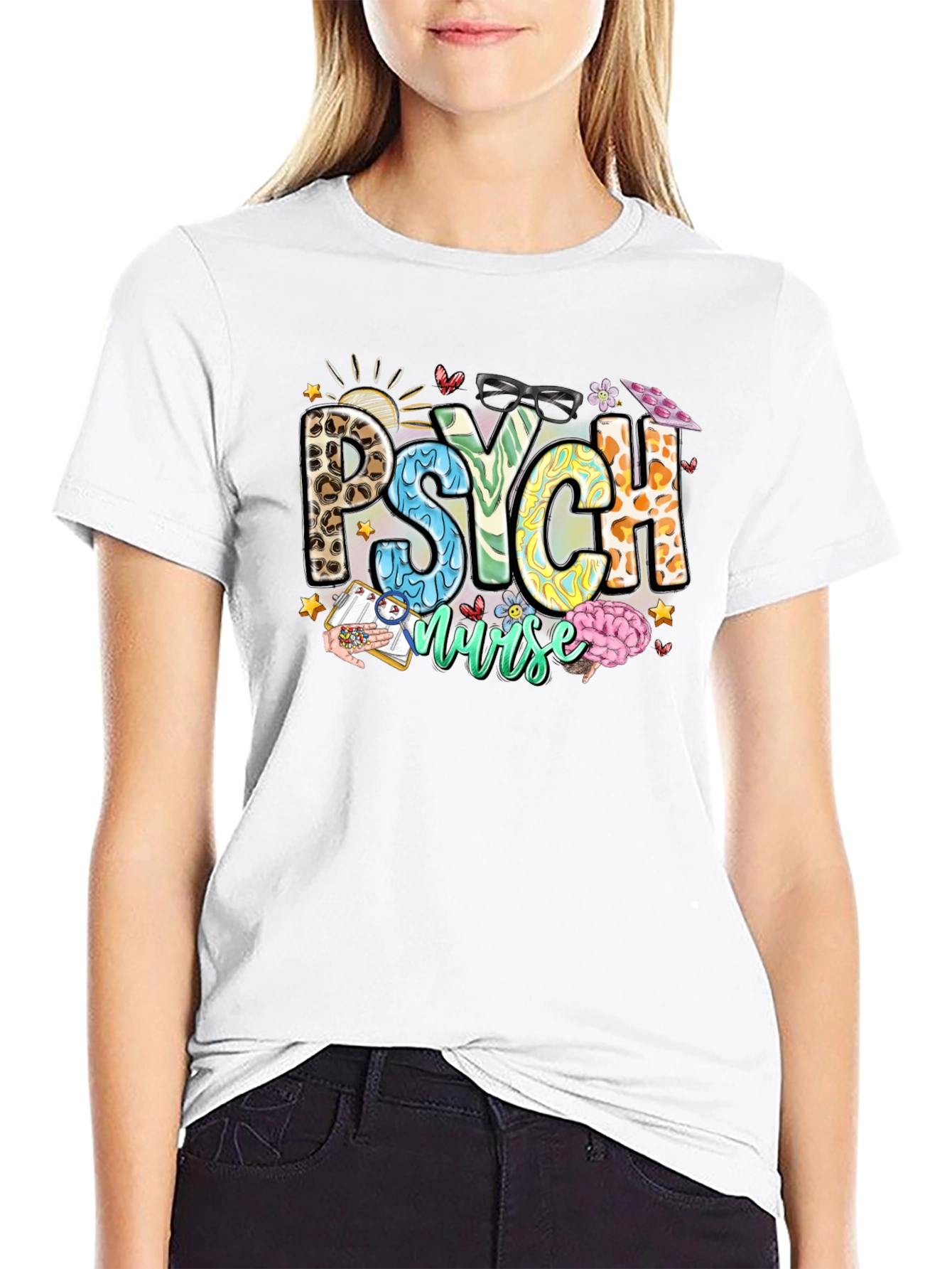 Black Psych Nurse T-Shirt - Leopard Print - Nursing Apparel view 9