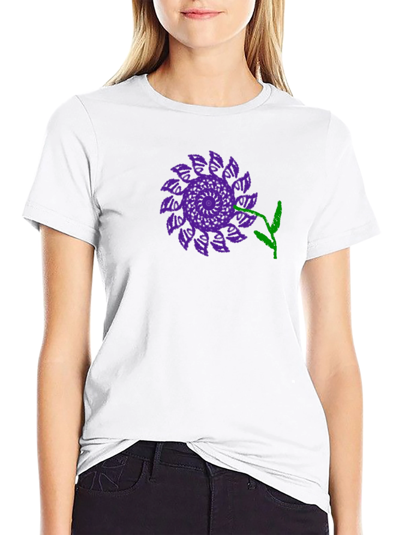 Black Black T-Shirt with Purple Flower Design view 9