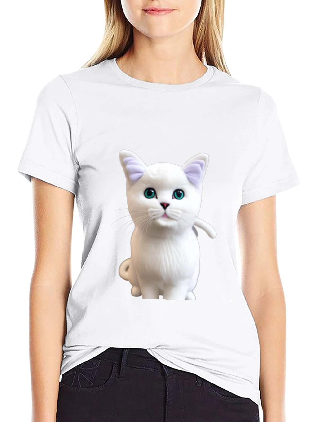 Black Cute White Cat Graphic Print Black T-Shirt view 9
