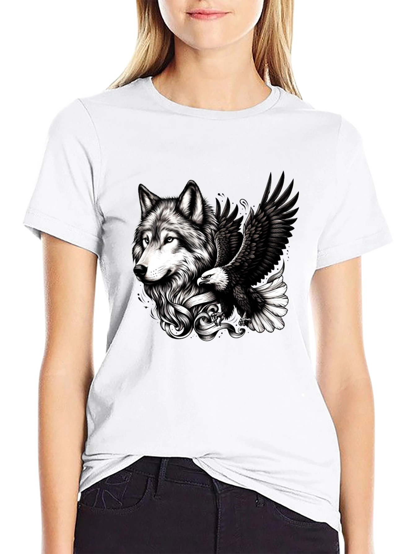 Black Wolf & Eagle Graphic Tee - Black Cotton Blend view 9