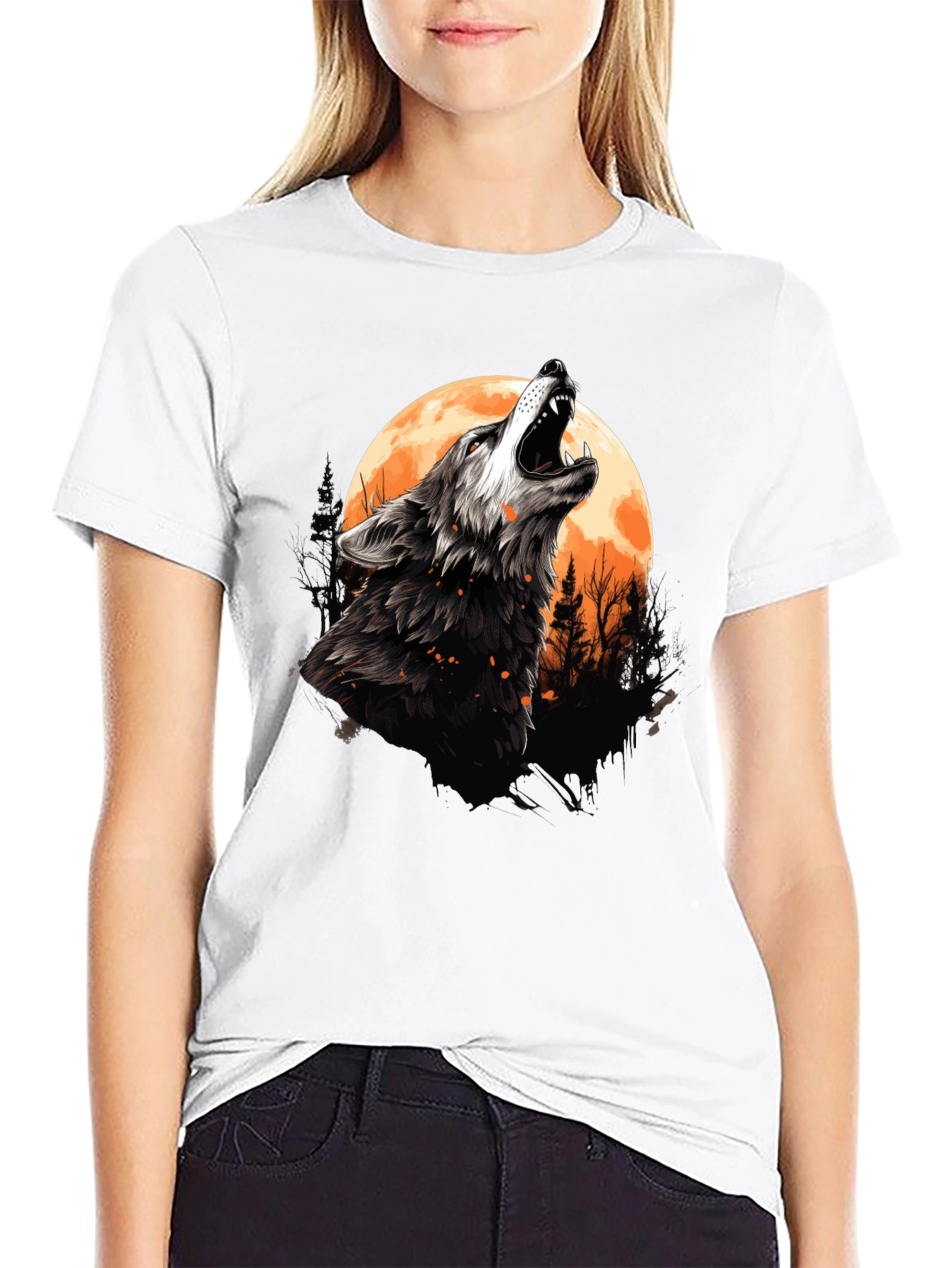 Black Wolf Howling at Moon Graphic Tee - Black Cotton view 9