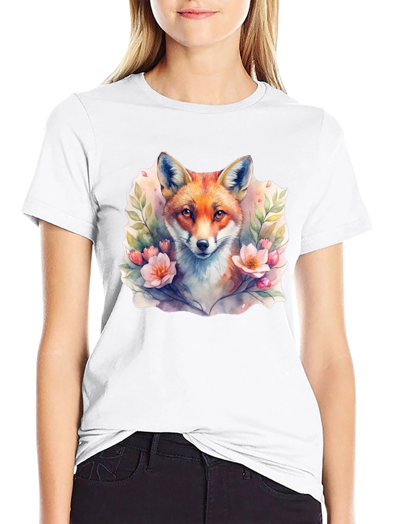 Black Fox Floral Watercolor Graphic Tee - Unisex Black T-Shirt view 9