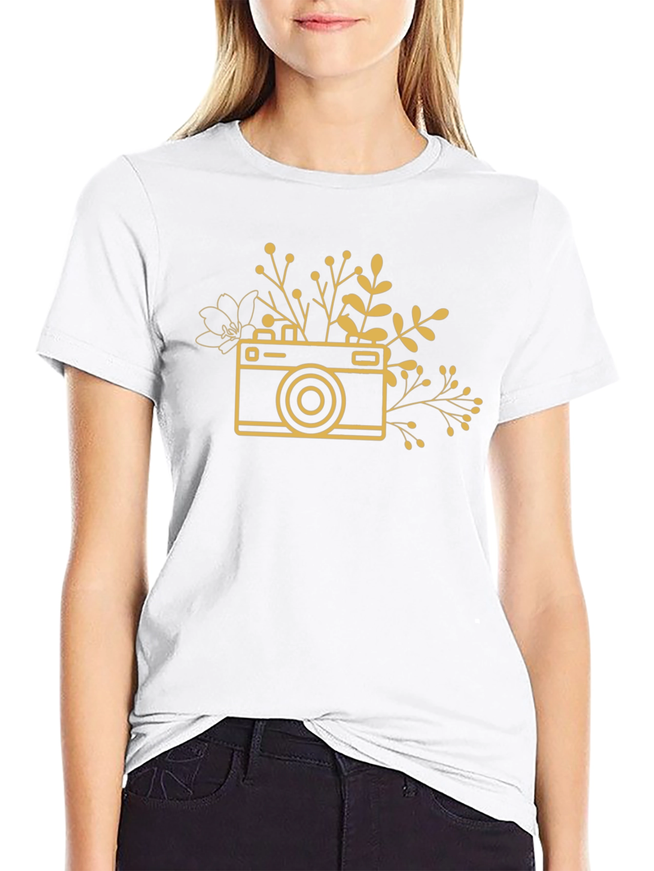 Black Floral Camera Graphic Tee - Stylish Unisex Top view 9