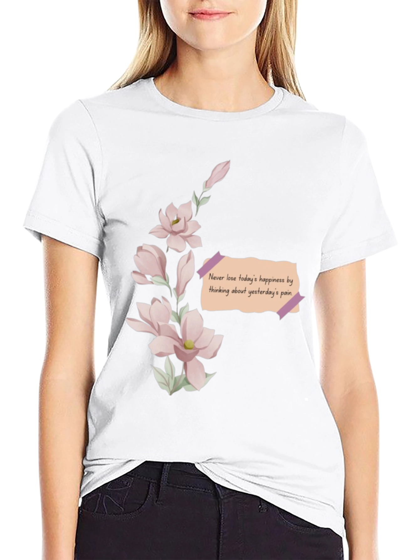 Black Floral Reminder T-Shirt - Never Lose Happiness view 9
