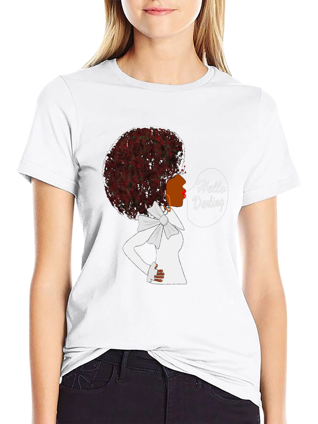 Black Afro Woman 'Hello Darling' Black T-Shirt view 9