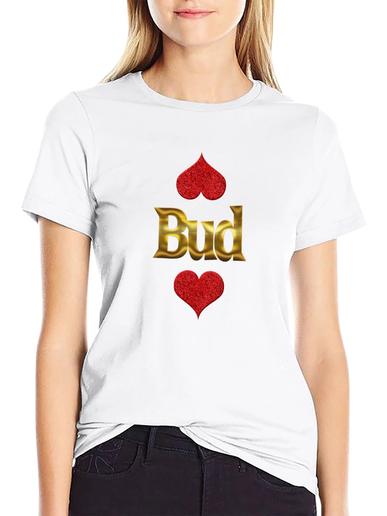 Black Bud T-Shirt - Gold Lettering, Red Hearts view 9