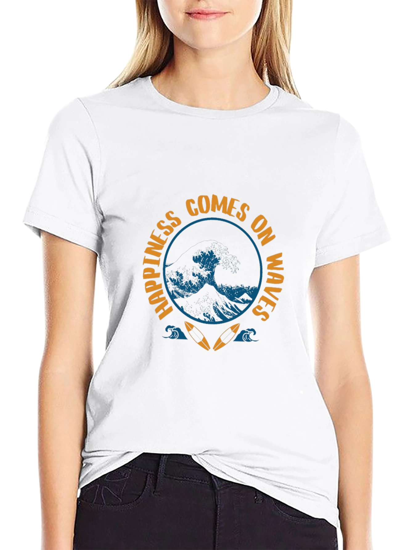 Black Happiness Comes on Waves Graphic Tee view 9
