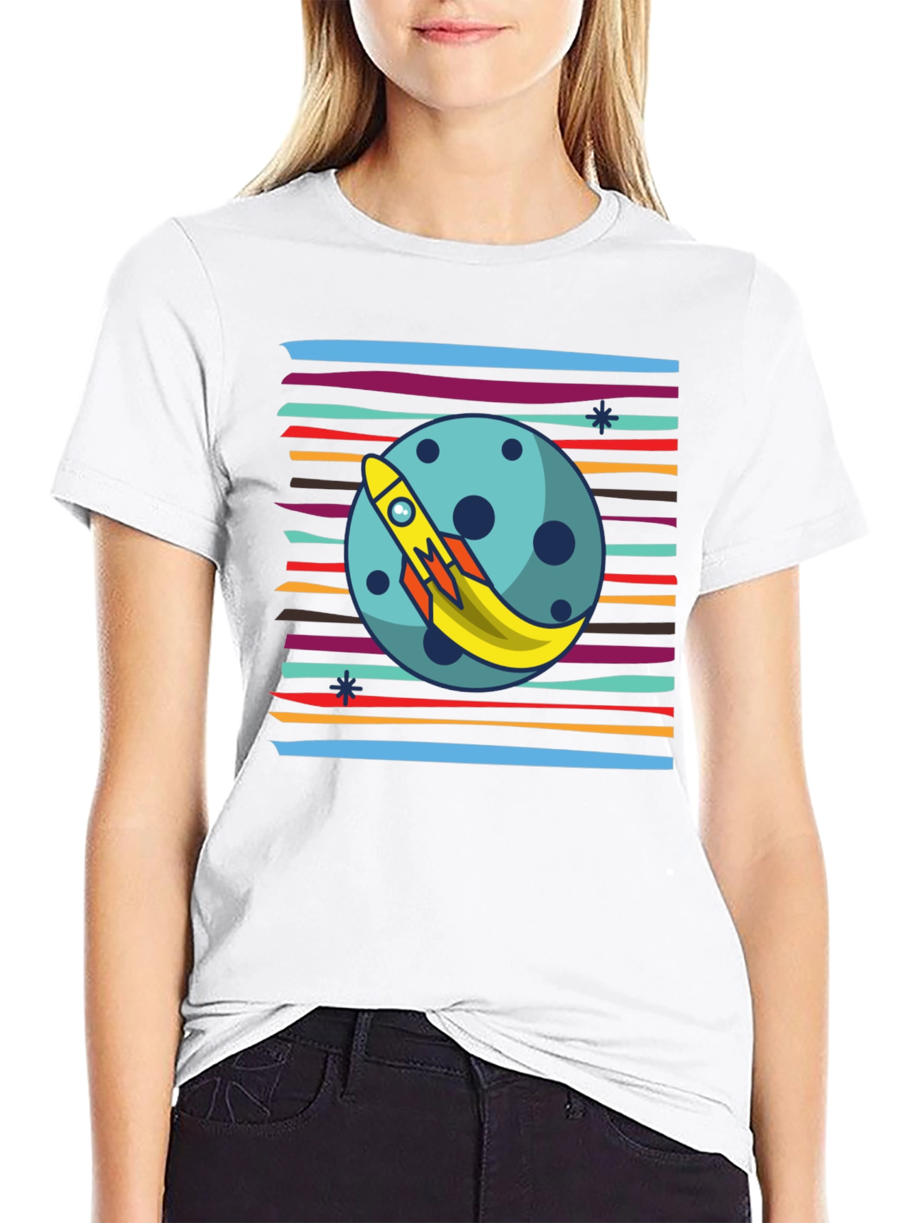 Black Retro Rocket Moon T-Shirt - Blast Off in Style! view 9