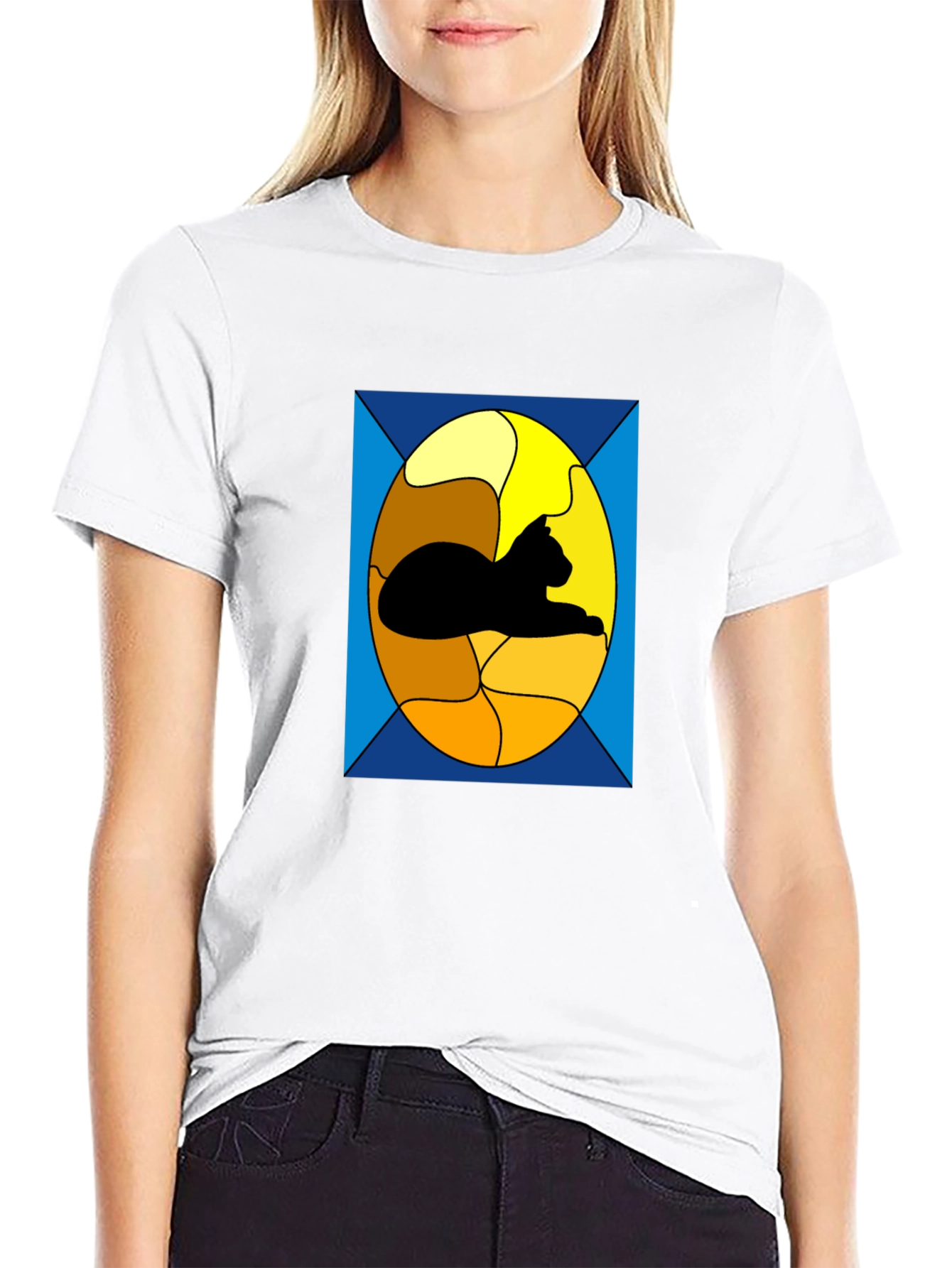 Black Stained Glass Cat Graphic Tee - Black Casual T-Shirt view 9