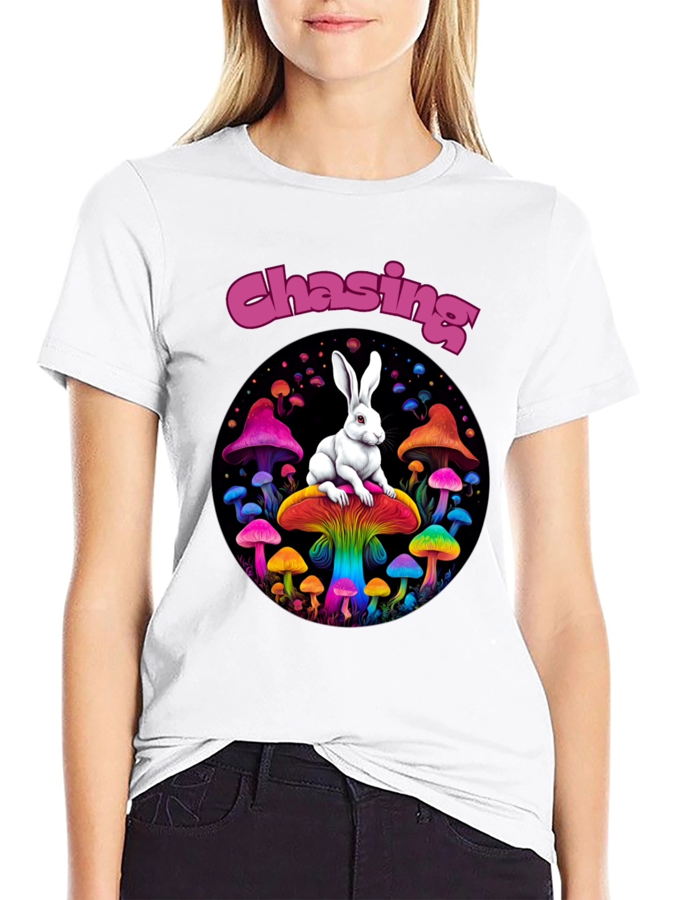 Black Chasing Rabbit Mushroom Graphic Tee view 9