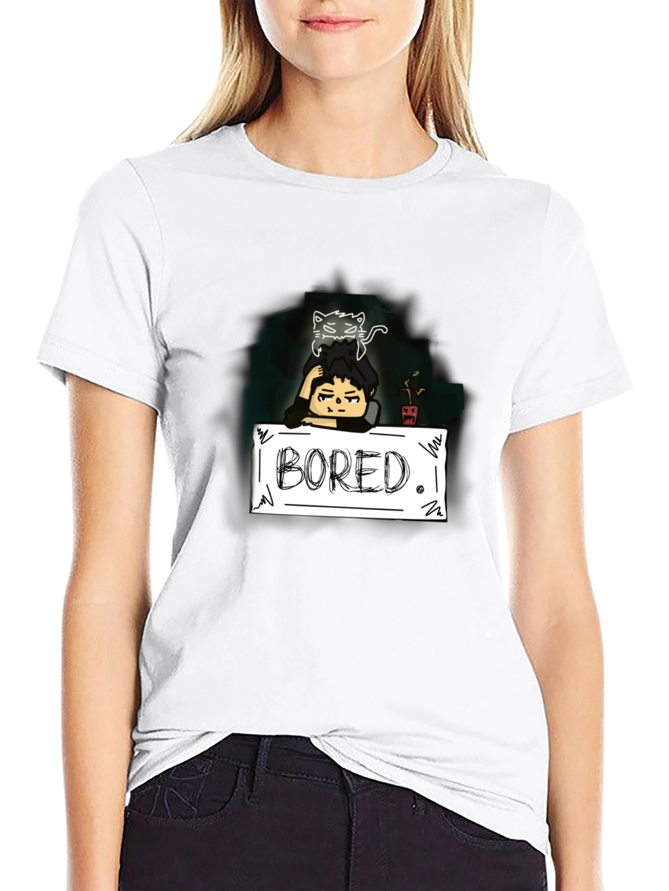 Black Bored Cat Graphic Tee - Black Cotton T-Shirt view 9