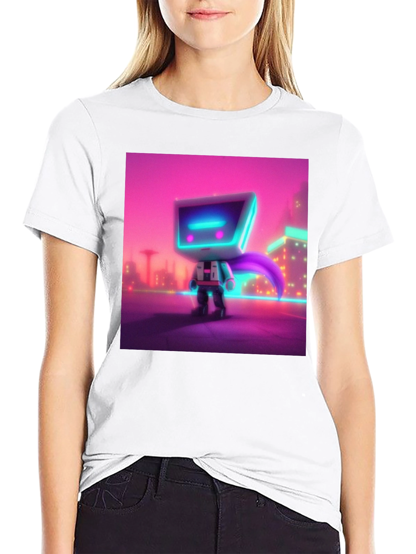 Black Cyberpunk Robot T-Shirt - Neon City Hero view 9