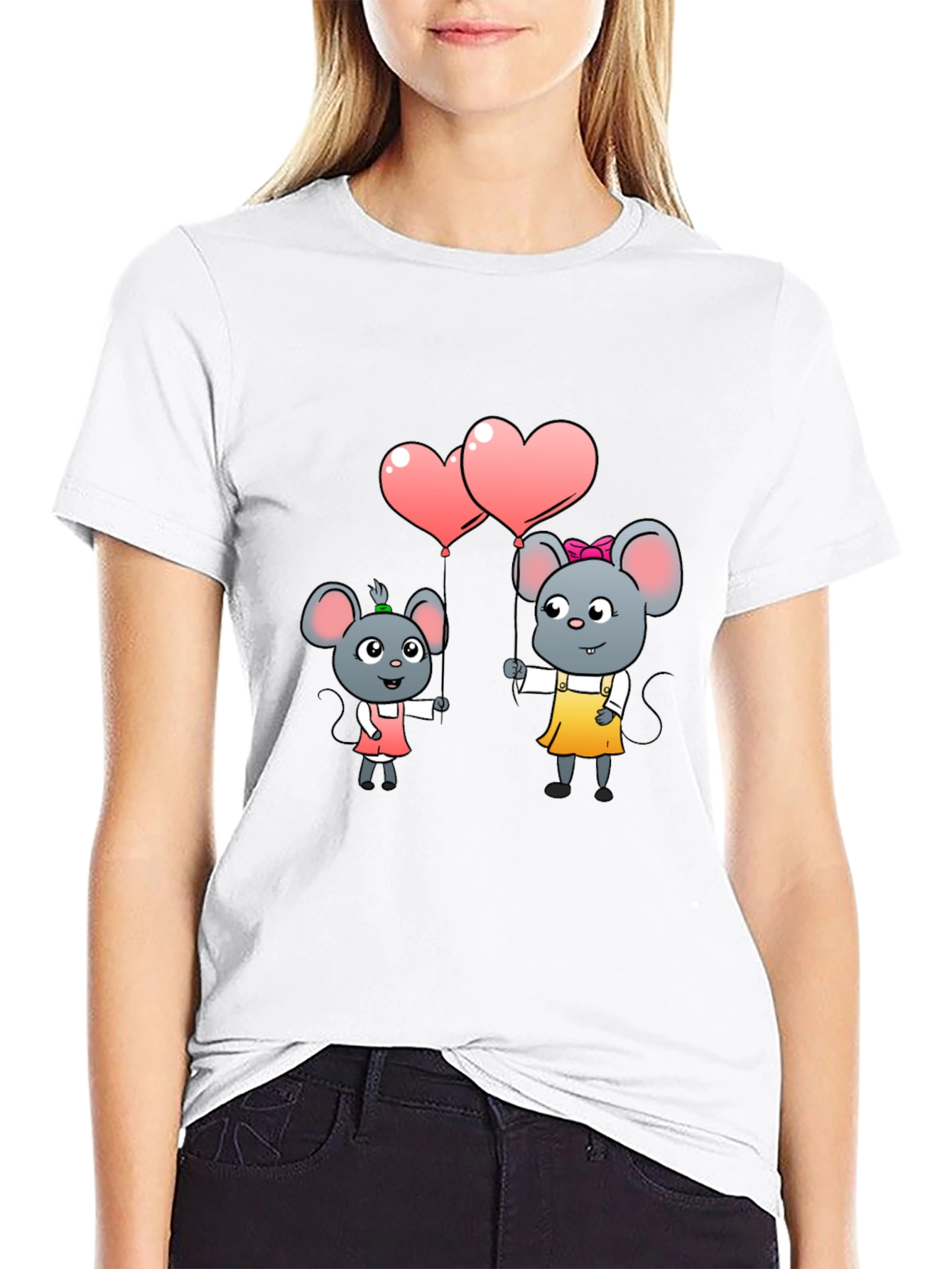 Black Cute Cartoon Mice Heart Balloons Graphic Tee view 9