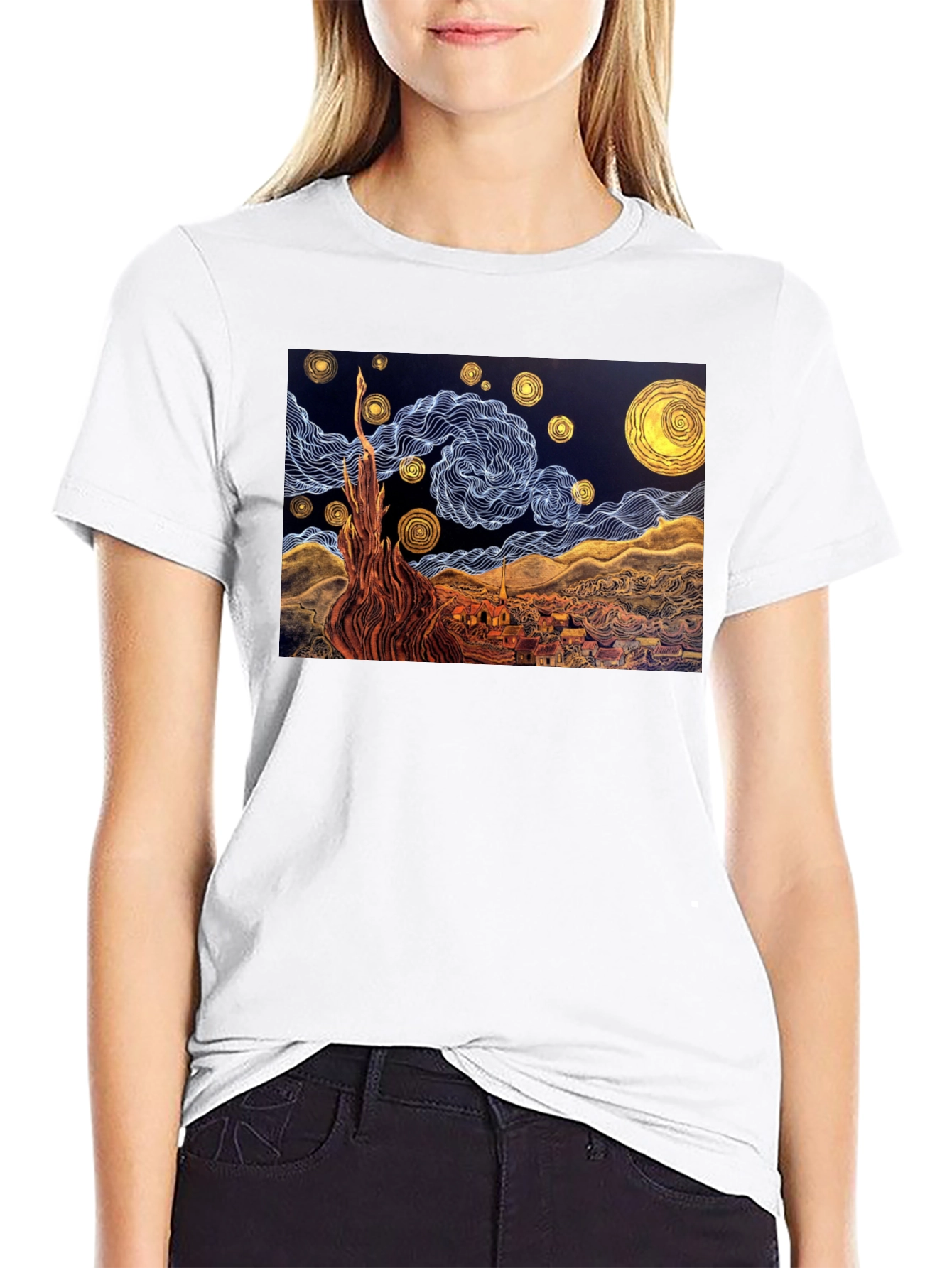Black Starry Night Art T-Shirt view 9