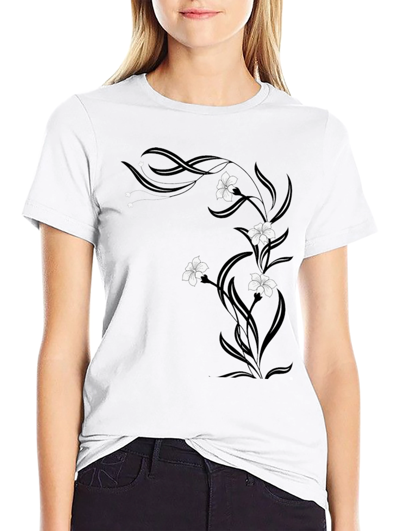 Black Floral Vine Graphic Tee - Black Cotton Blend view 9