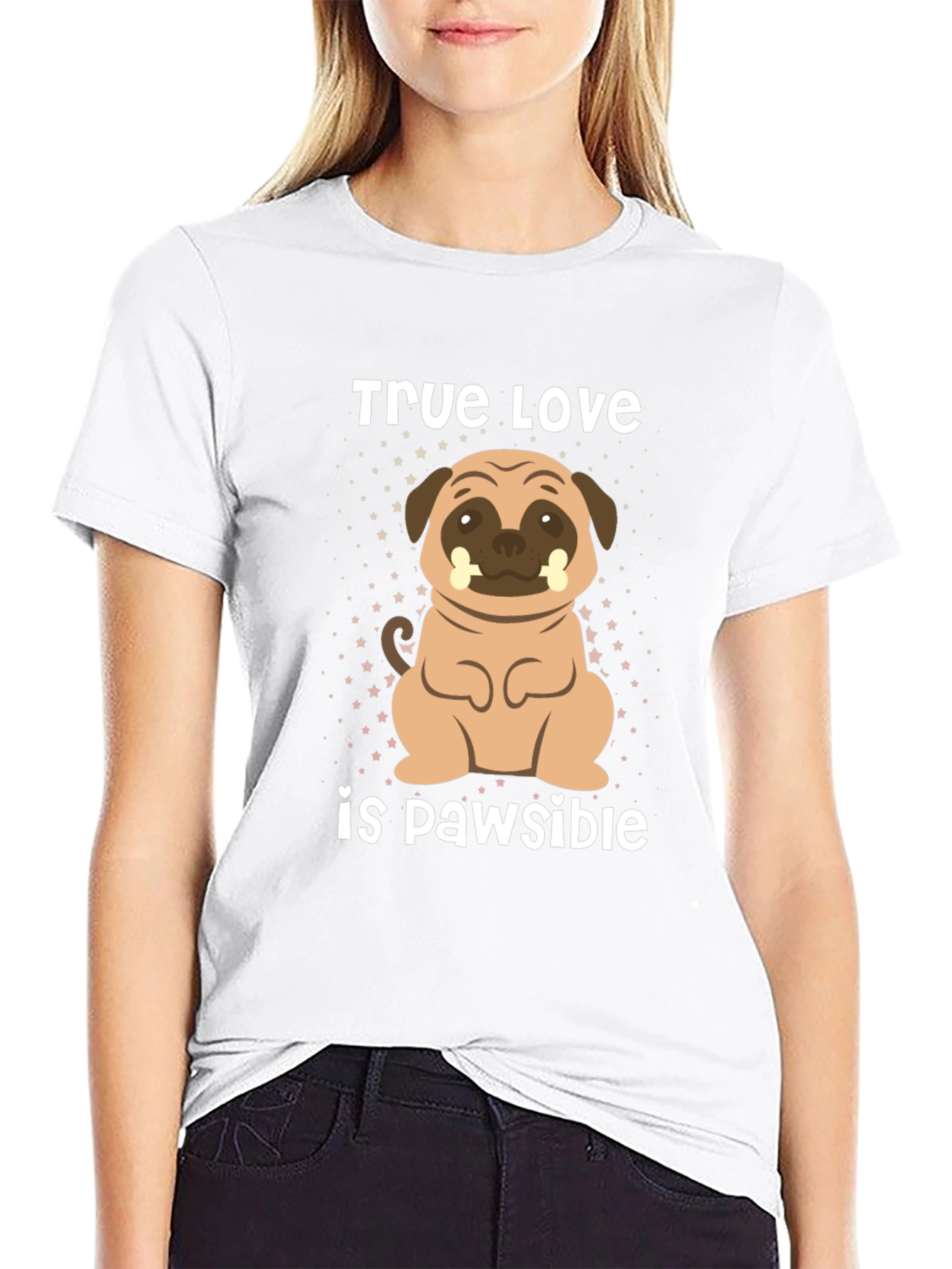 Black True Love is Pawsible Pug T-Shirt view 9