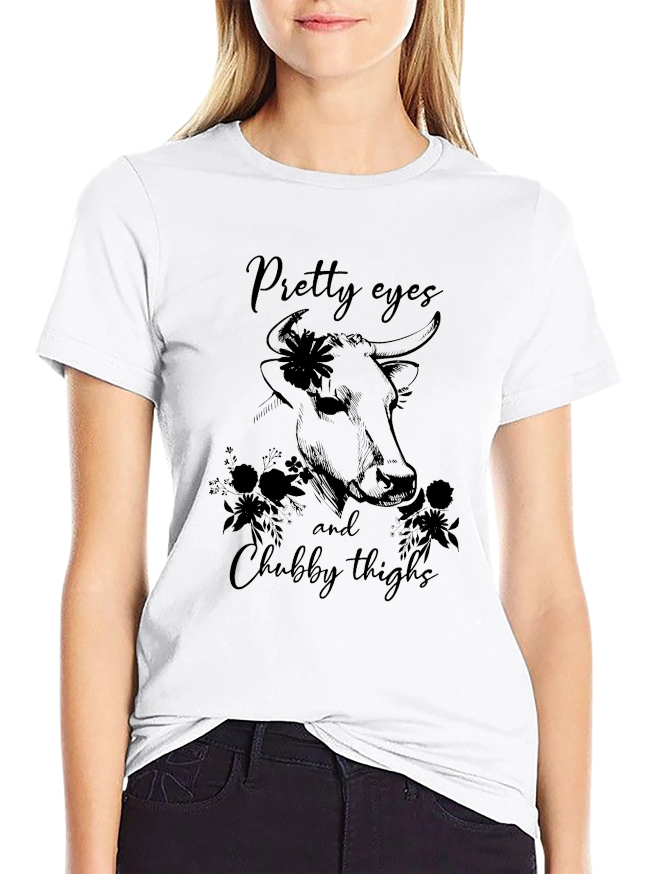 Black Pretty Eyes & Chubby Thighs Bull Graphic T-Shirt view 9