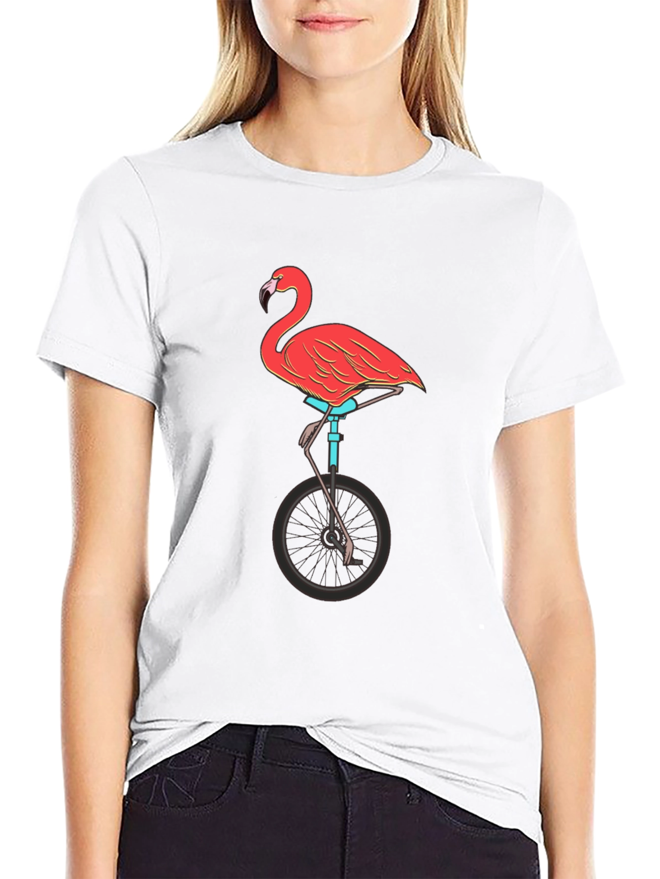 Black Flamingo on Unicycle Graphic Tee - Funky Unisex T-Shirt view 9