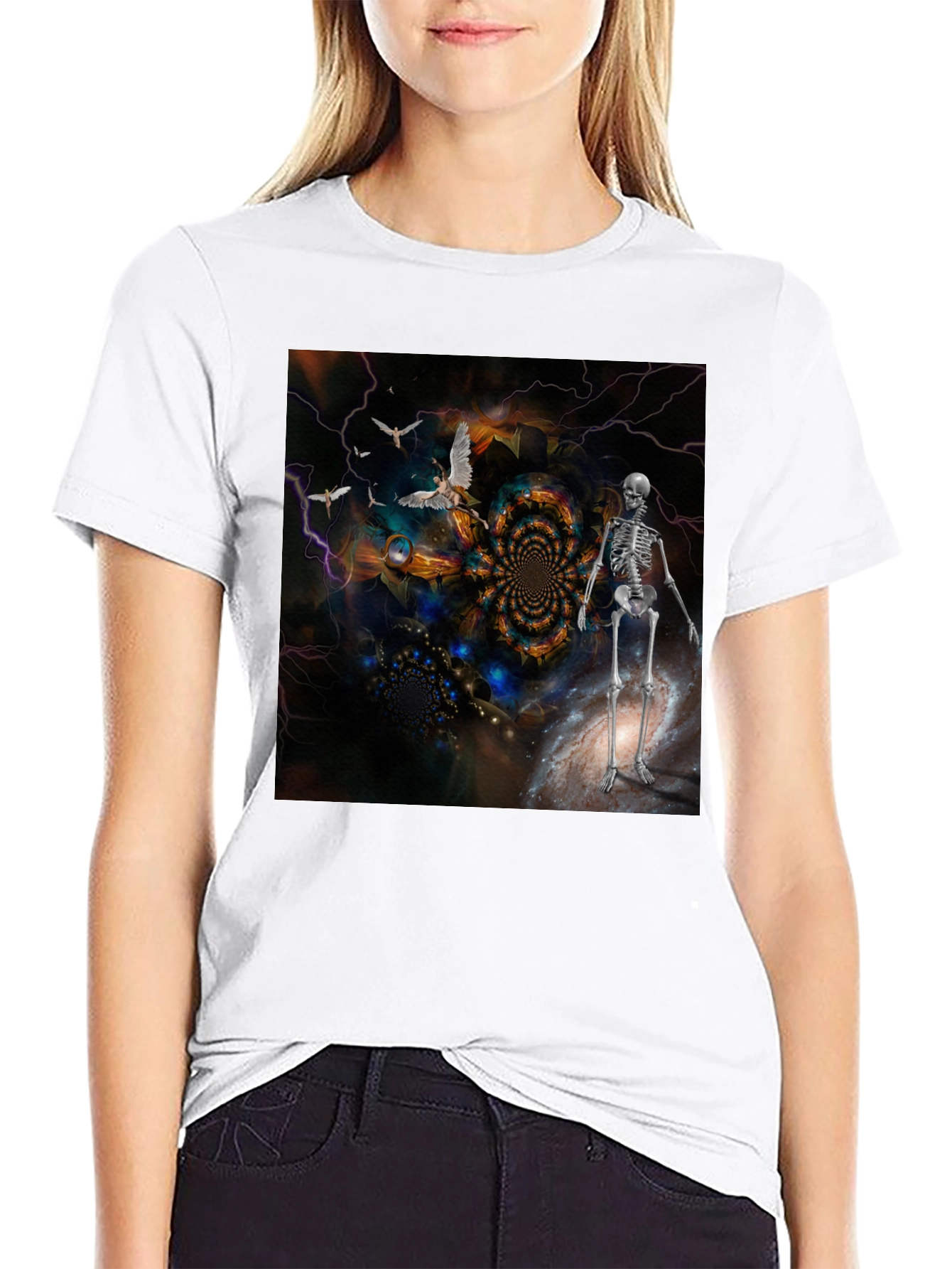 Black Surreal Skeleton Art T-Shirt view 9