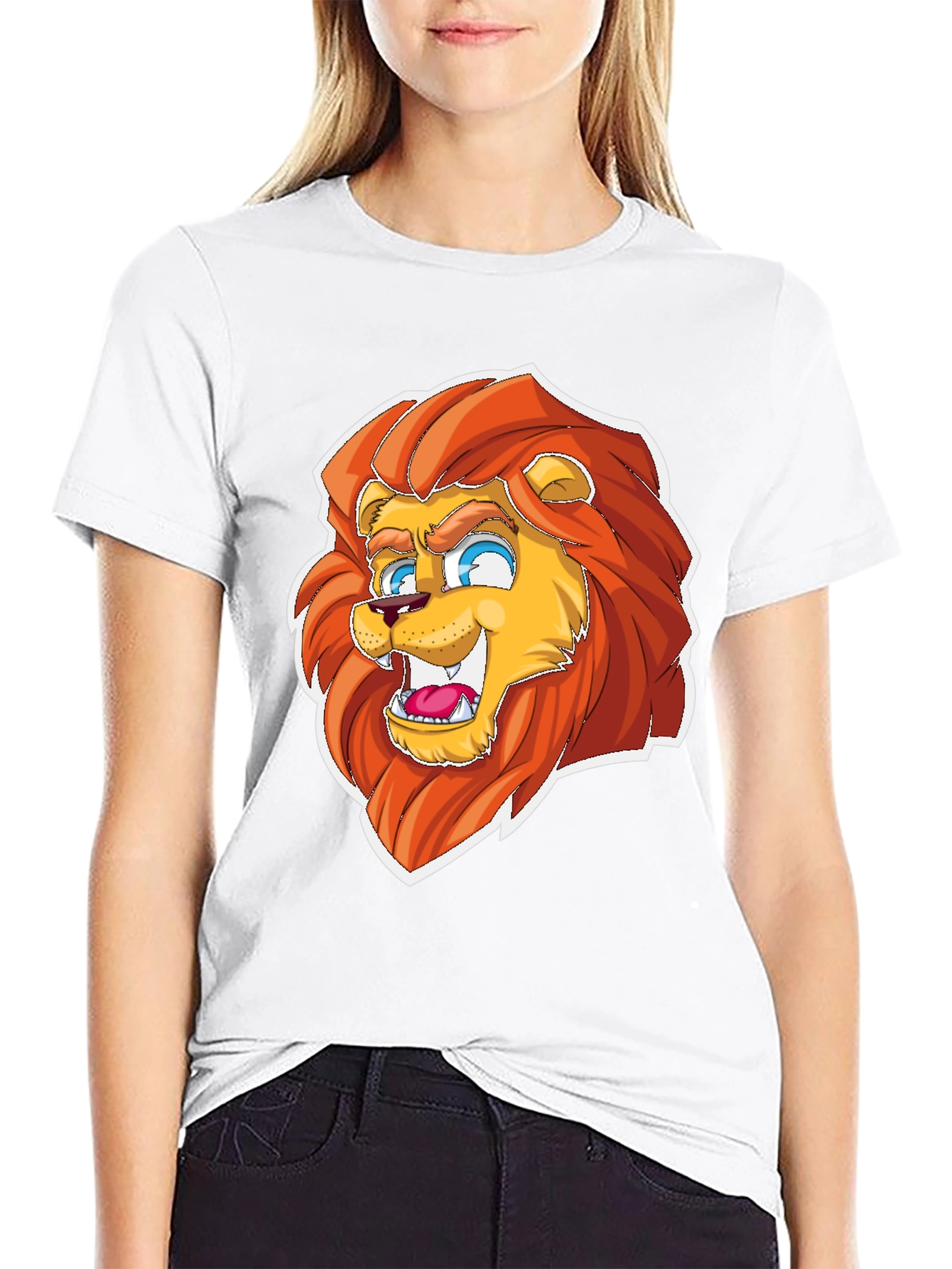 Black Cartoon Lion Graphic Tee - Black Cotton Blend view 9