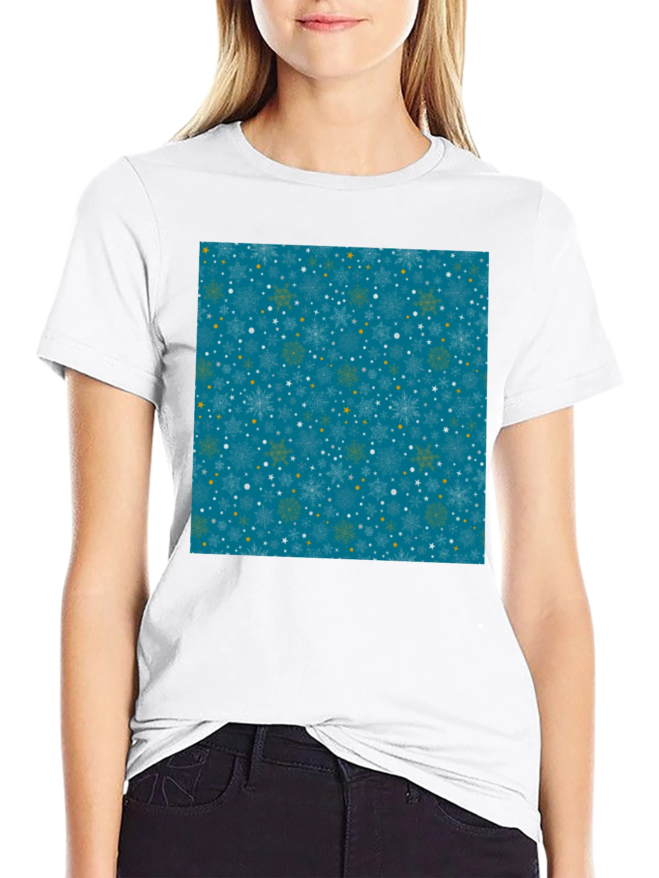 Black Winter Snowflake Pattern Black T-Shirt view 9