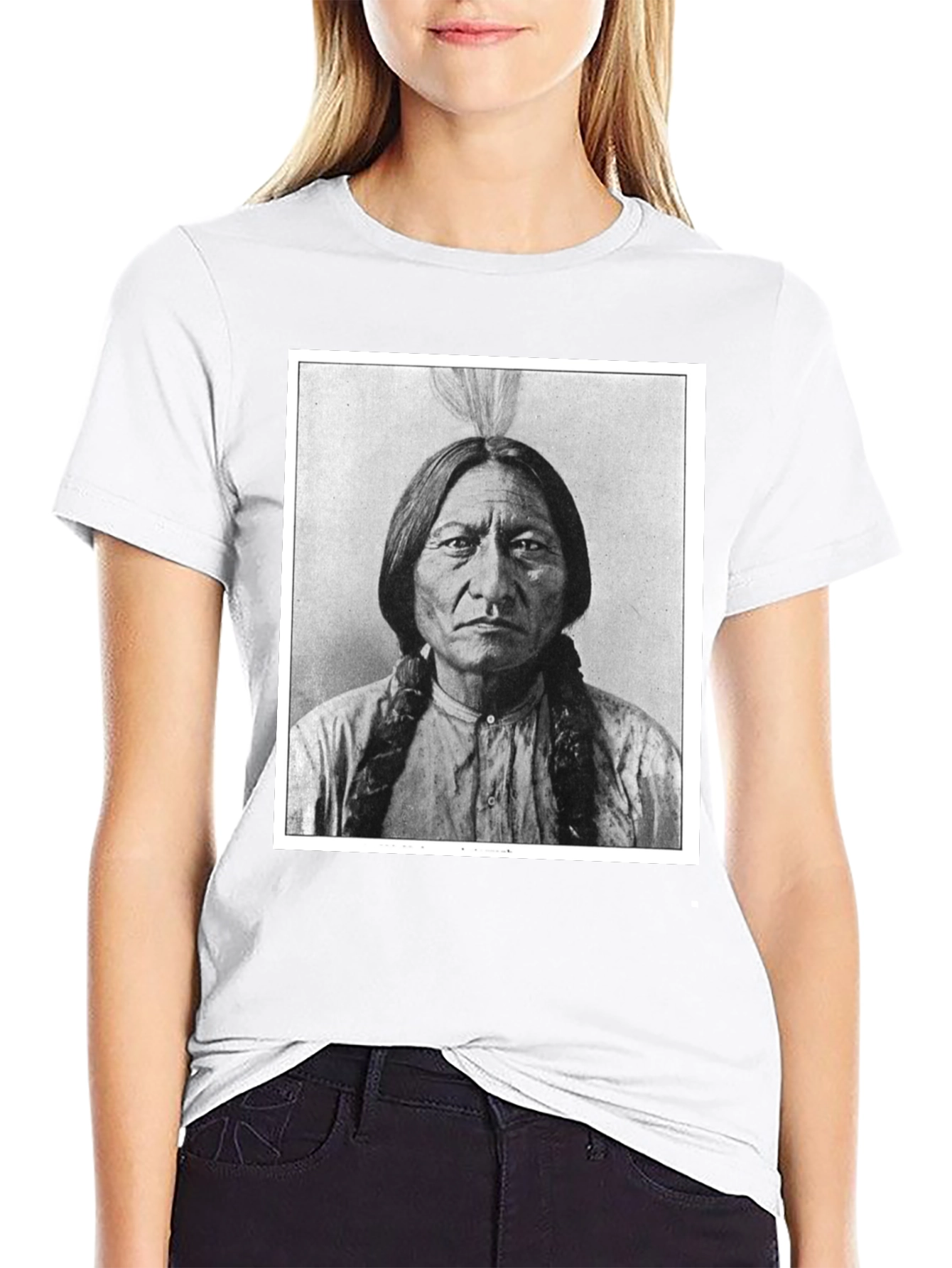Black Sitting Bull Portrait T-Shirt - Black Cotton Tee view 9