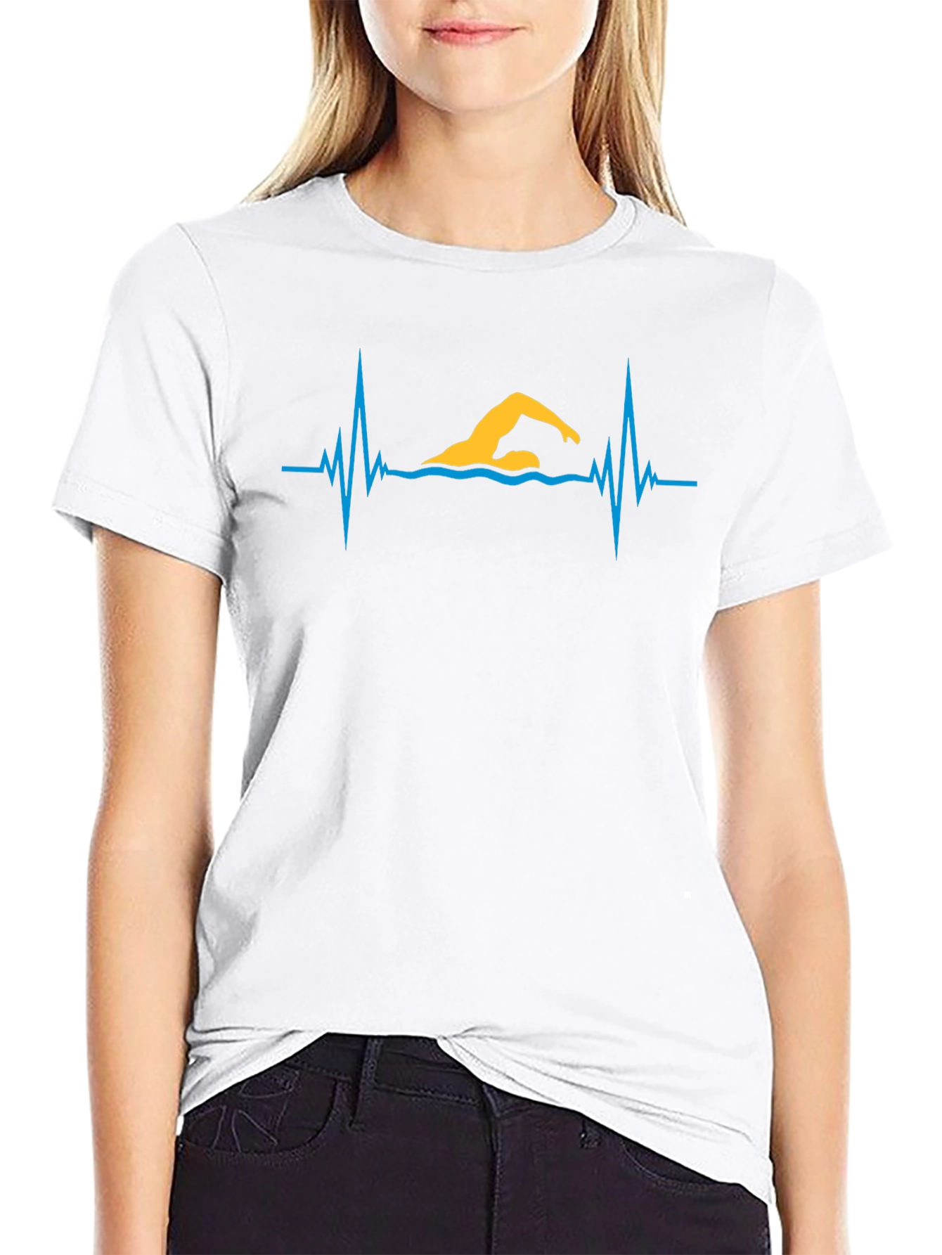 Black Swimmer Heartbeat Graphic Tee - Black Cotton T-Shirt view 9