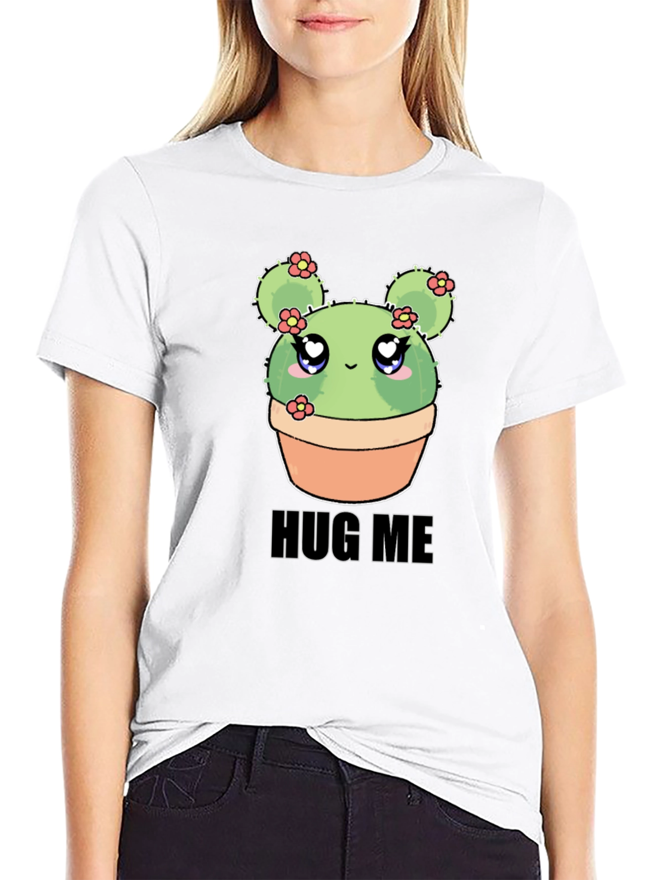 Black Cute Cactus Hug Me T-Shirt - Kawaii Plant Tee view 9