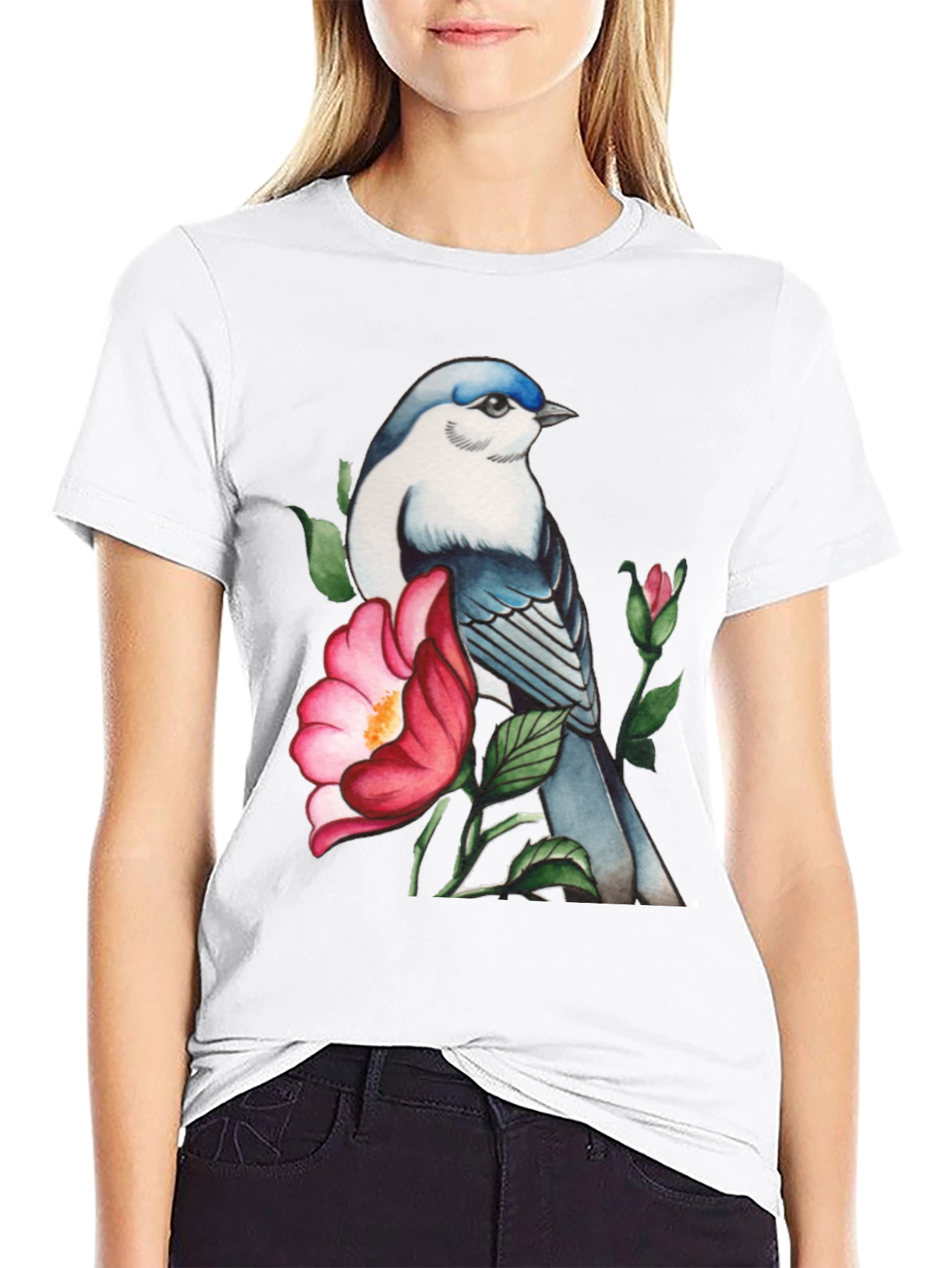 Black Bird and Blossom Graphic Tee - Stylish Nature Design view 9