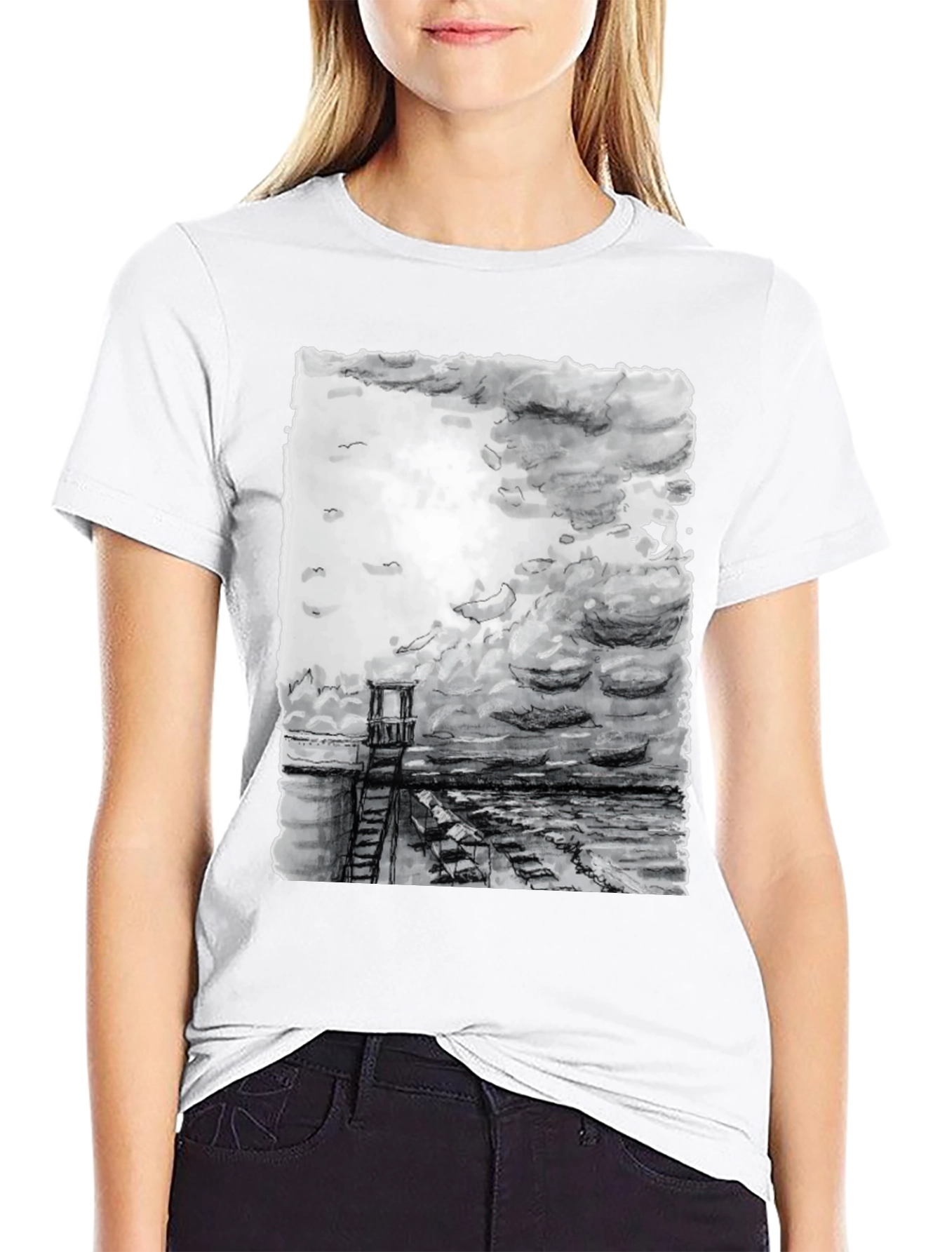 Black Monochrome Coastal Tower Graphic T-Shirt view 9