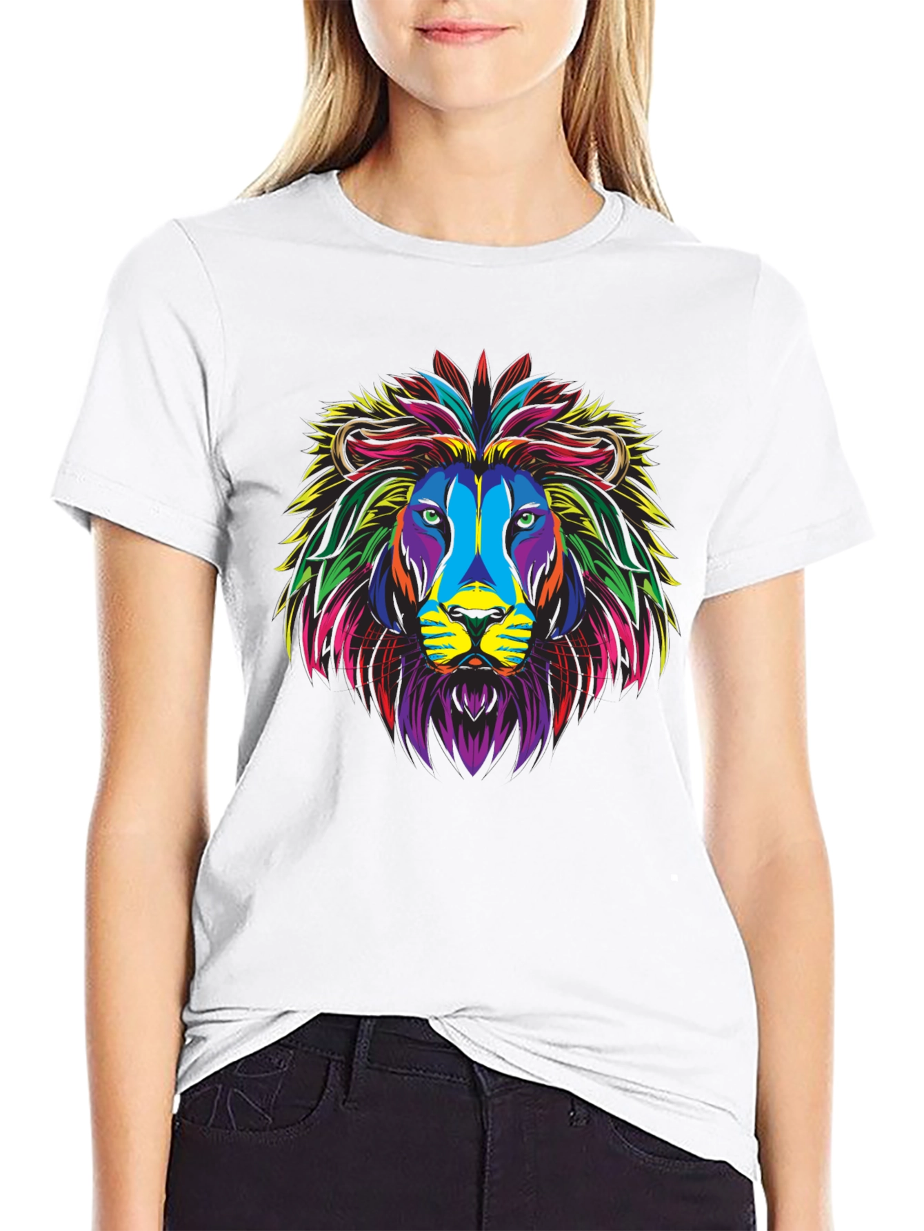 Black Colorful Lion Graphic Print Black T-Shirt view 9