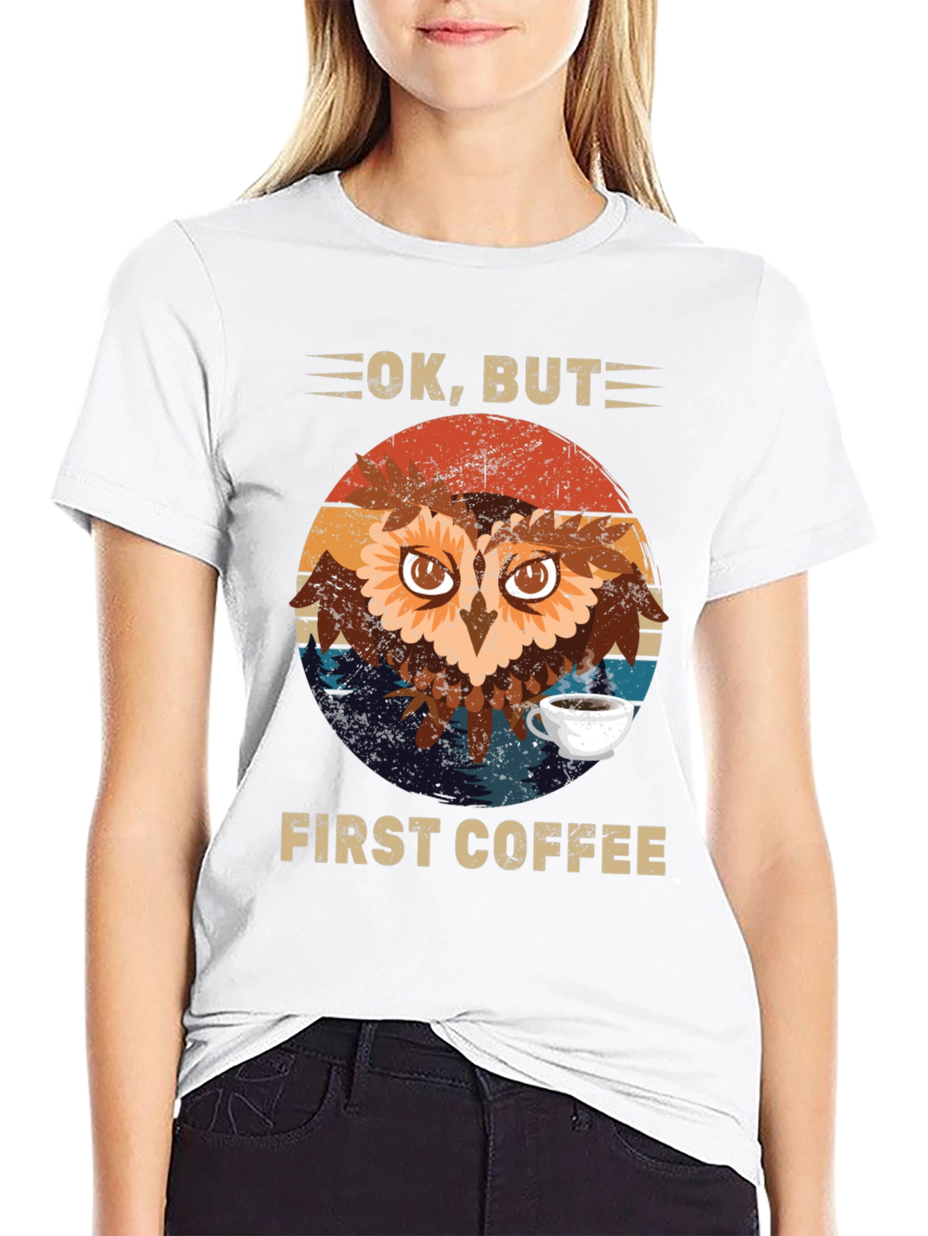 Black Ok, But First Coffee Owl T-Shirt view 9