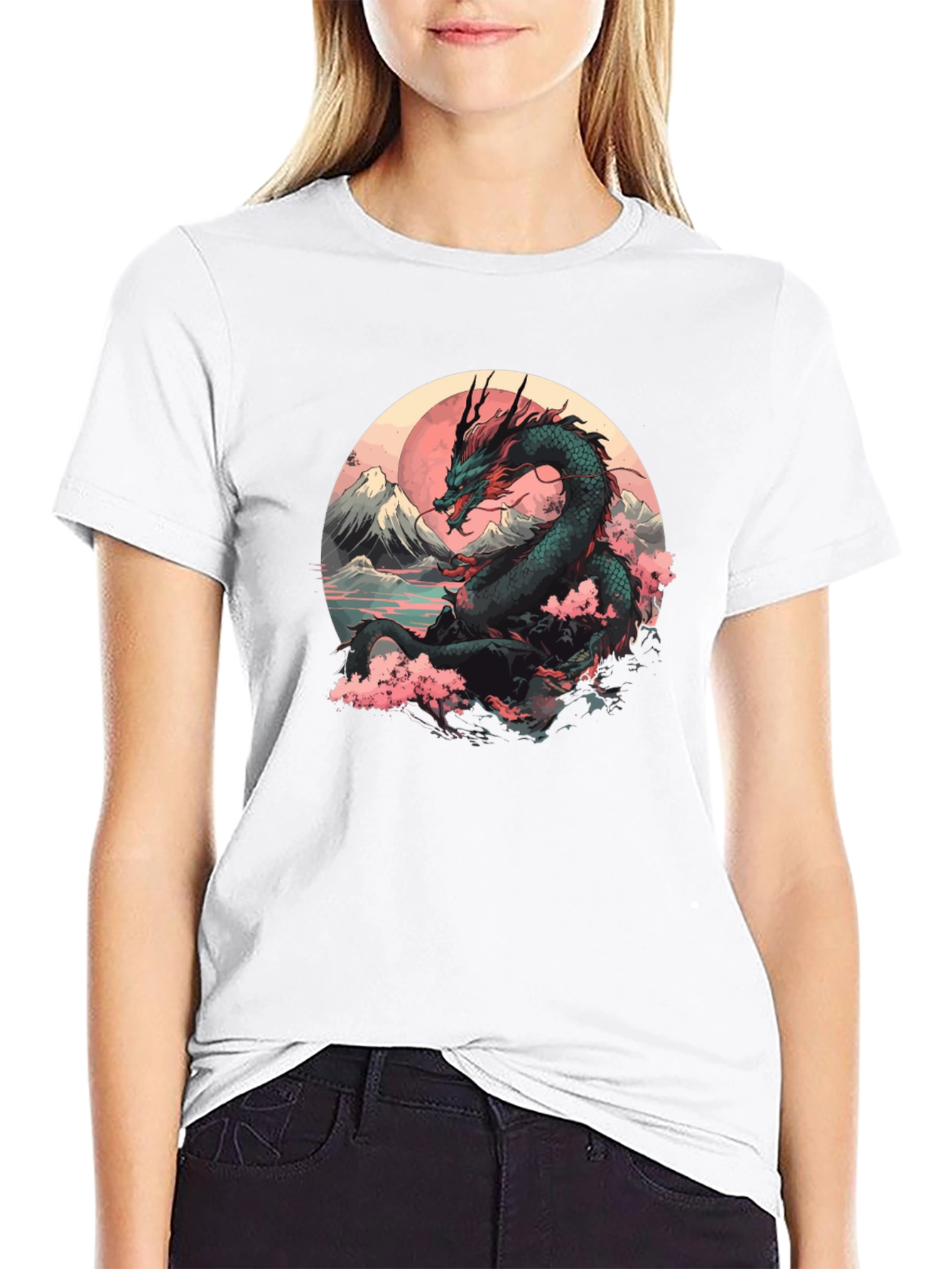 Black Dragon & Sakura Blossom Graphic Black T-Shirt view 9