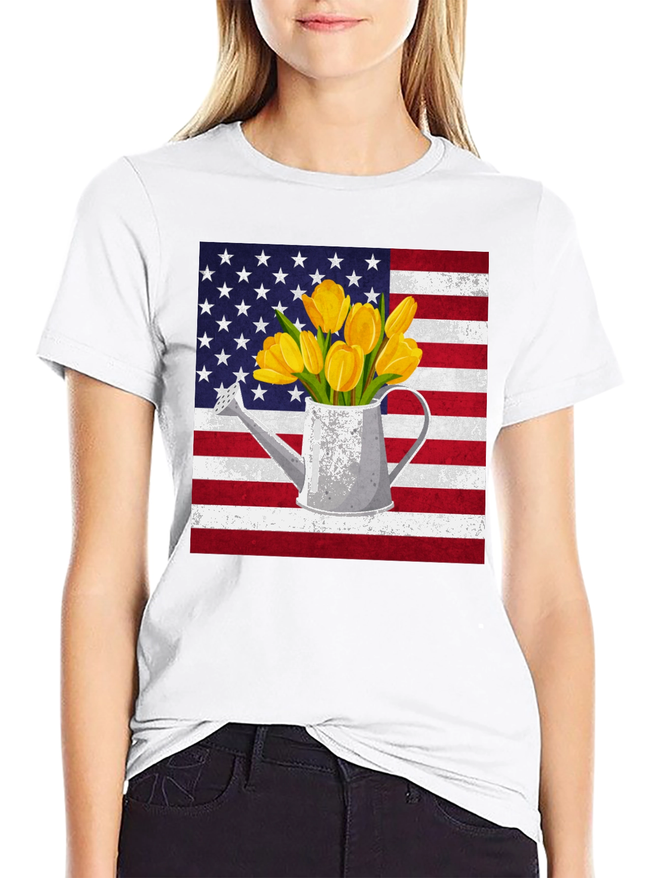 Black American Flag Tulips Watering Can Graphic Tee view 9