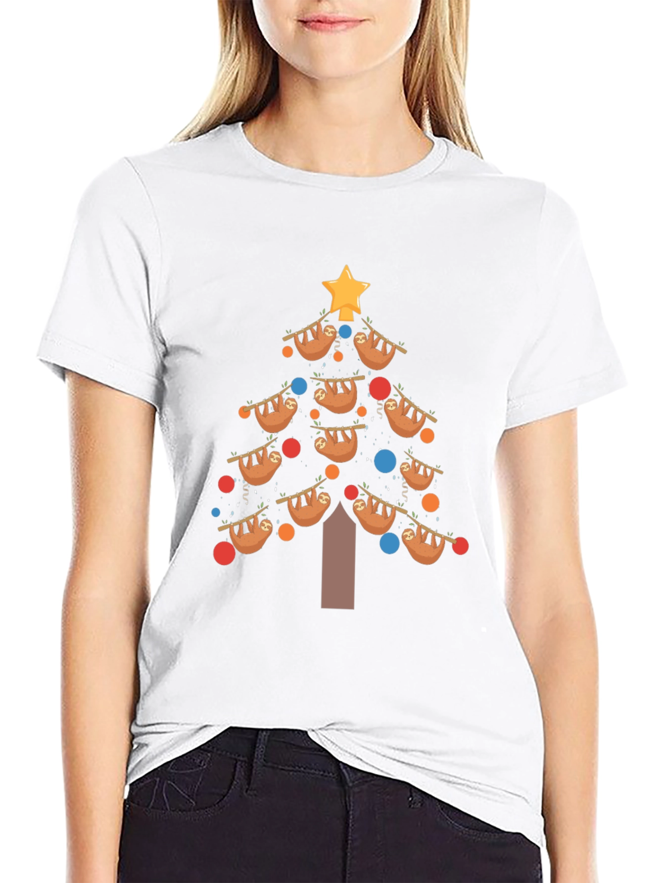 Black Festive Sloth Christmas Tree T-Shirt view 9