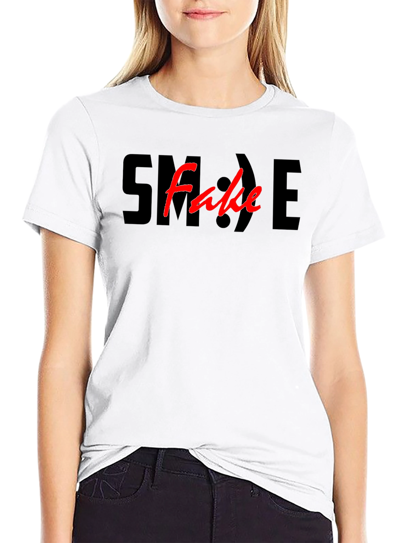 Black Fake Smile Graphic Tee - Black Cotton Casual T-Shirt view 9