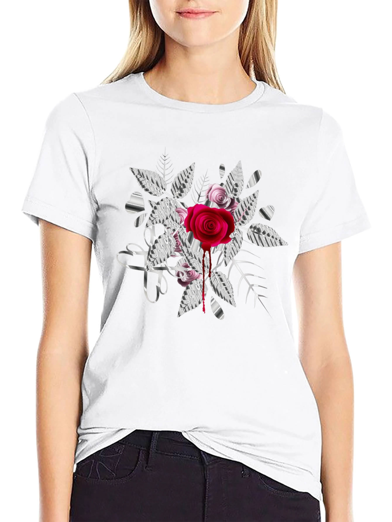 Black Rose & Hearts Graphic Print Black Tee view 9