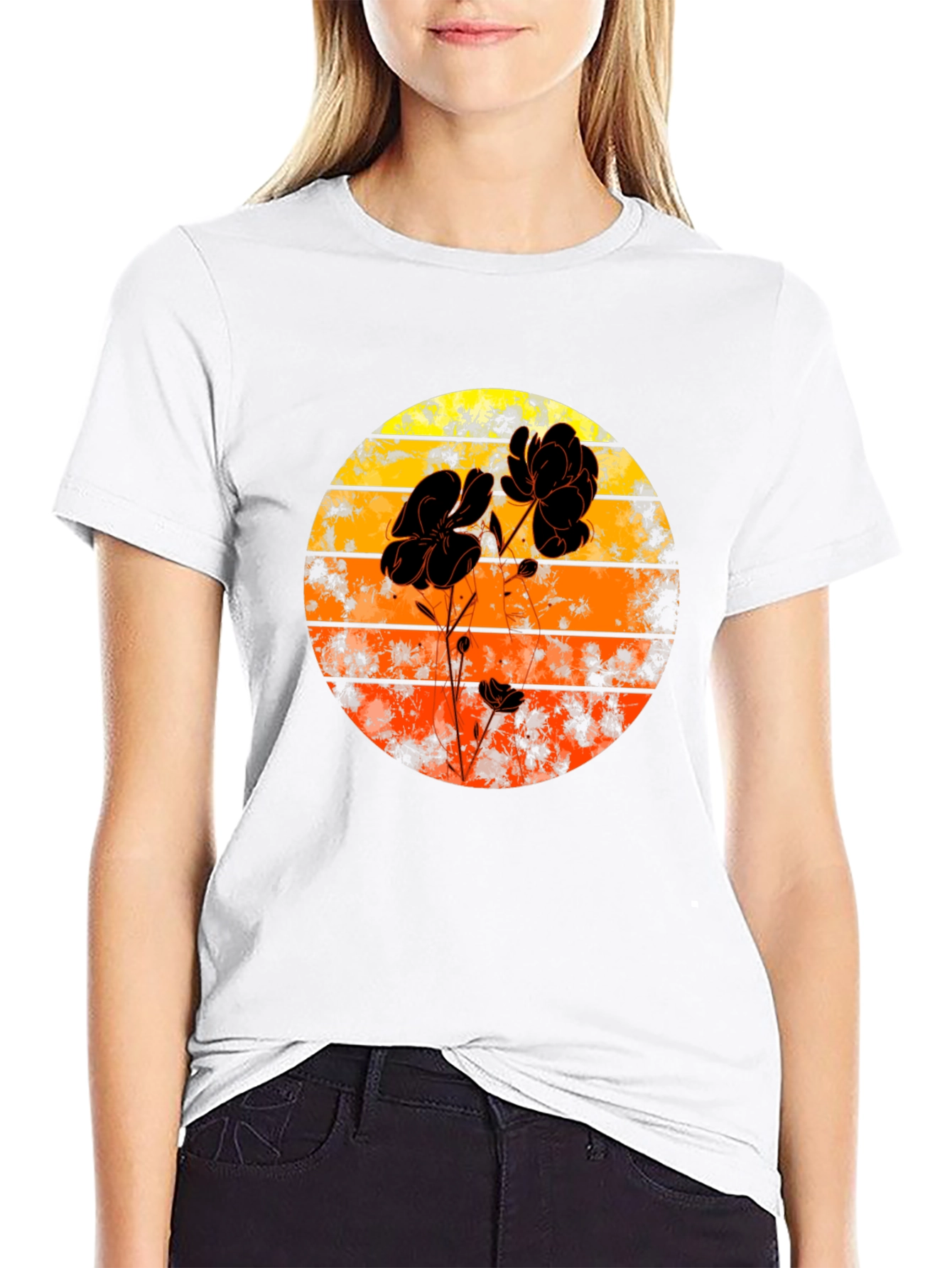 Black Sunset Floral Graphic Tee - Black Cotton Blend view 9