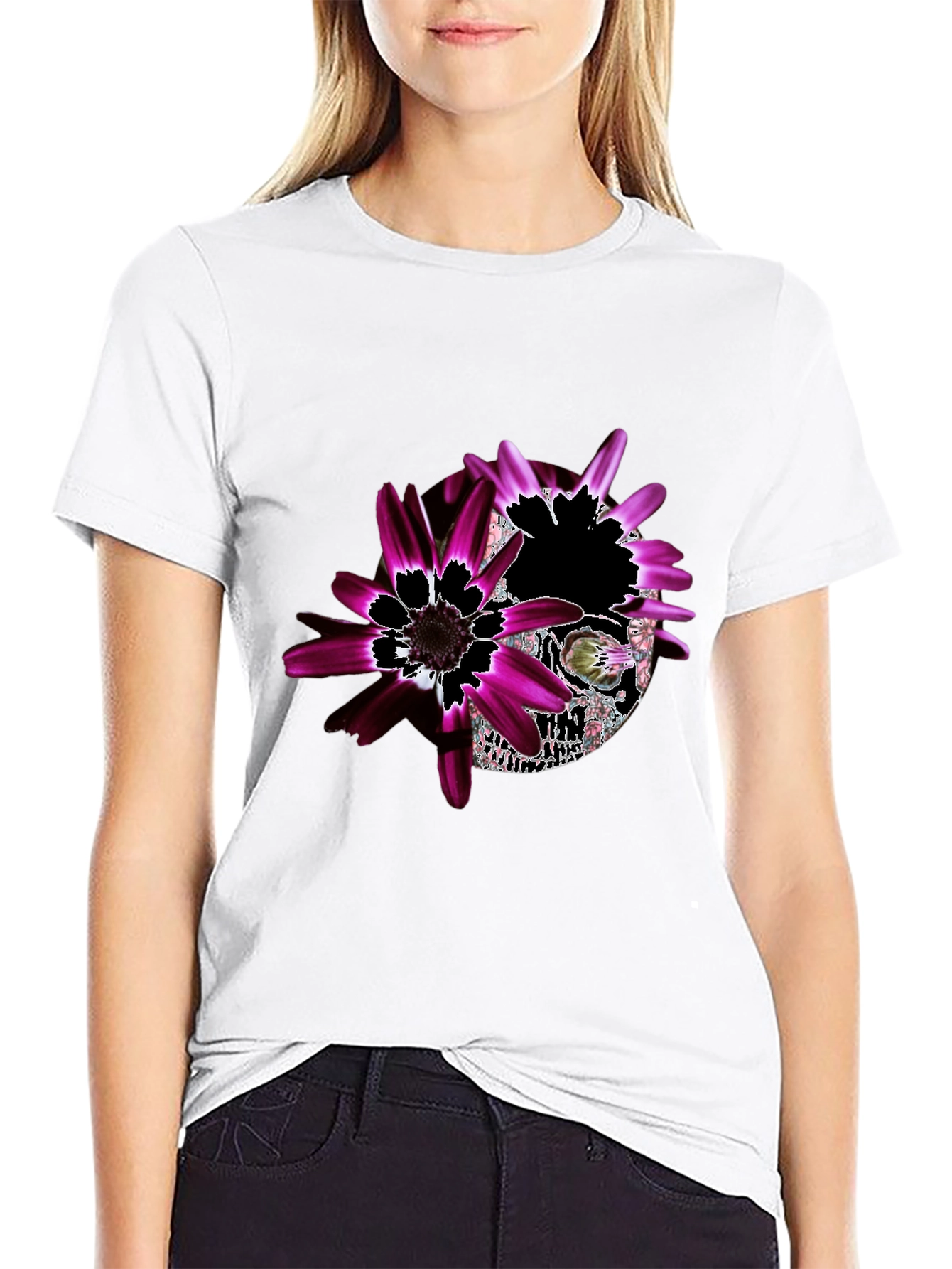 Black Floral Skull Graphic Black T-Shirt - Unique Design view 9