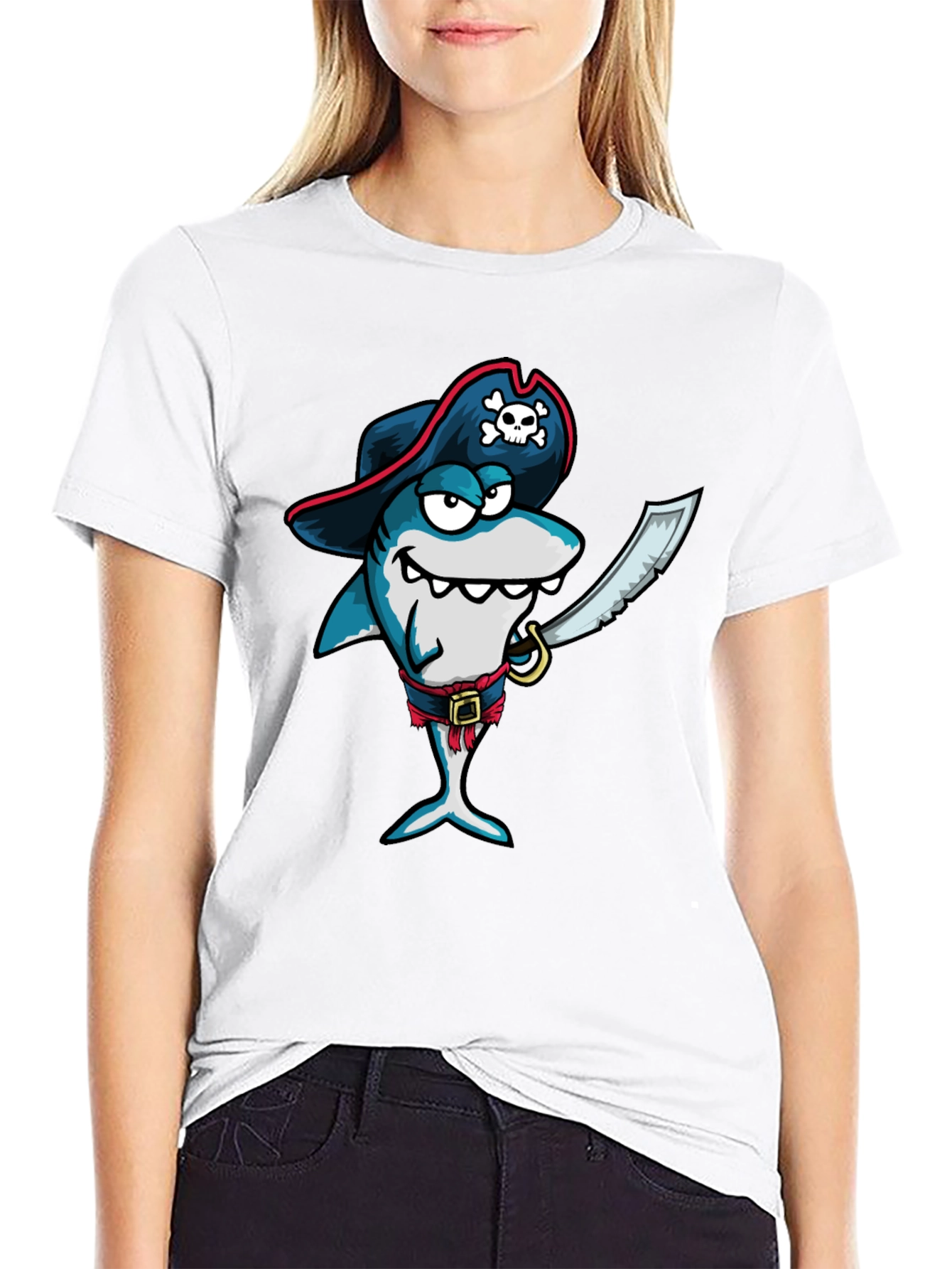 Black Pirate Shark Graphic Tee - Black Cotton T-Shirt view 9