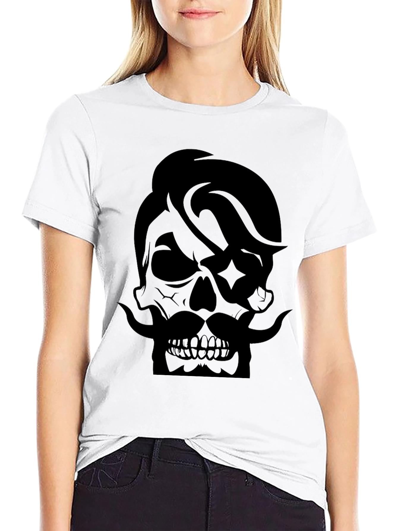 Black Skull with Mustache Graphic Tee - Cool Black T-Shirt view 9