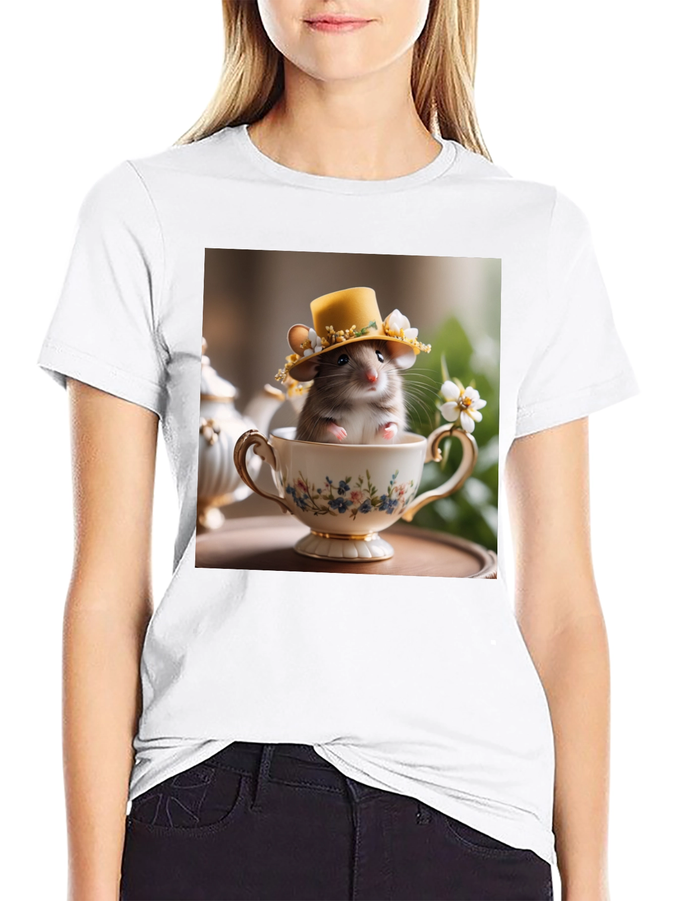 Black Cute Hamster in Teacup Graphic Tee view 9