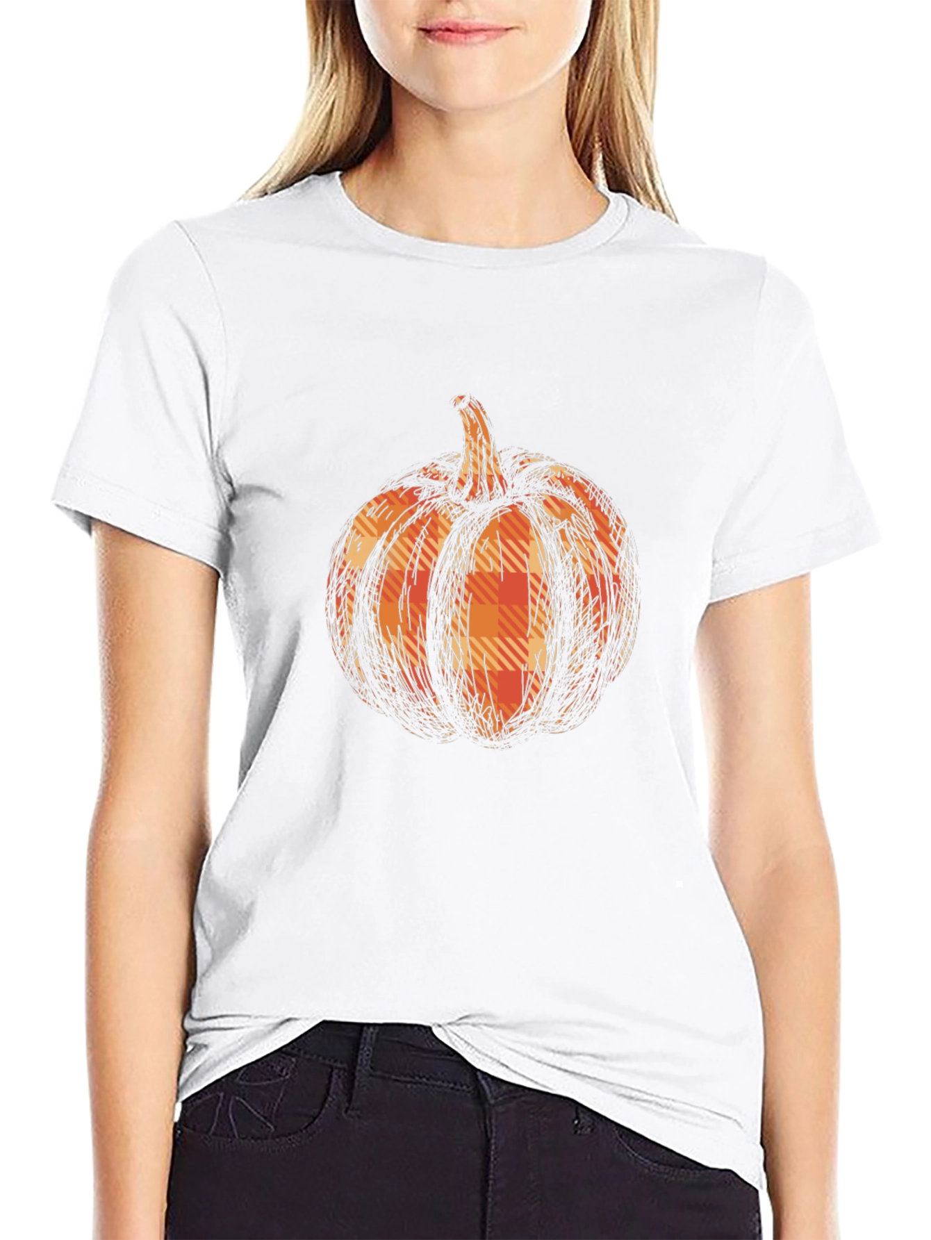Black Pumpkin Plaid Graphic Tee - Black Cotton Casual T-Shirt view 9