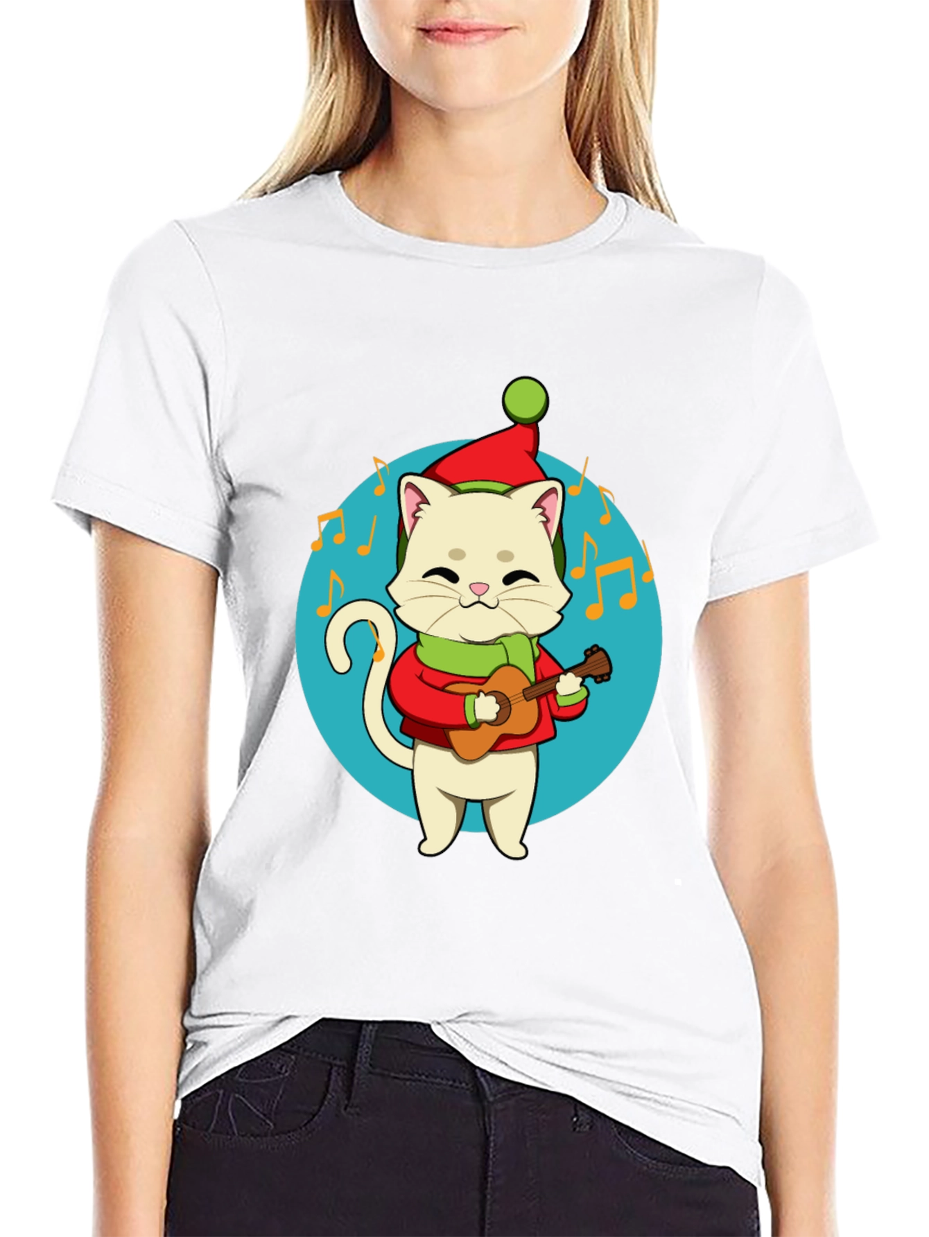 Black Festive Cat Guitarist Graphic Tee - Holiday Cheer! view 9