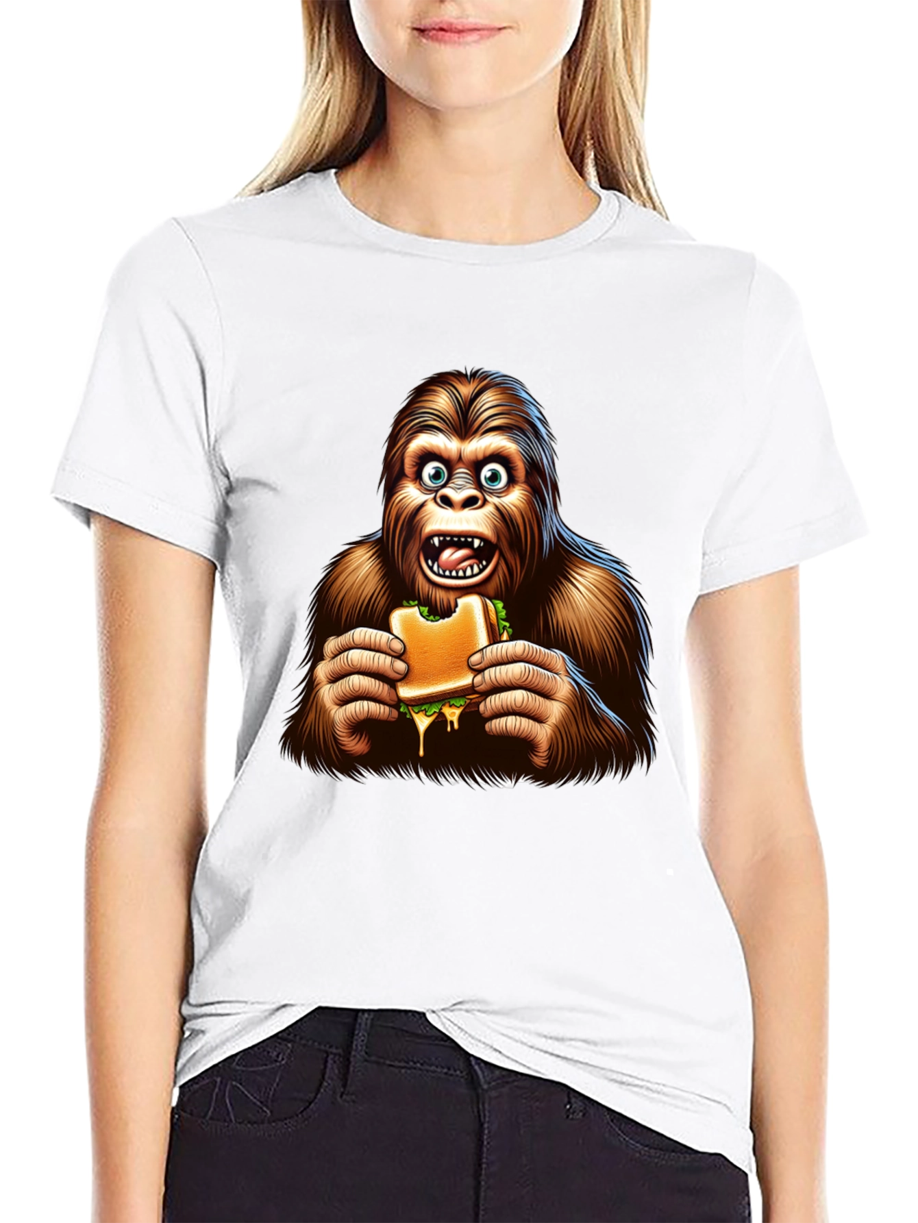 Black Bigfoot Eating Sandwich Funny Graphic Tee view 9
