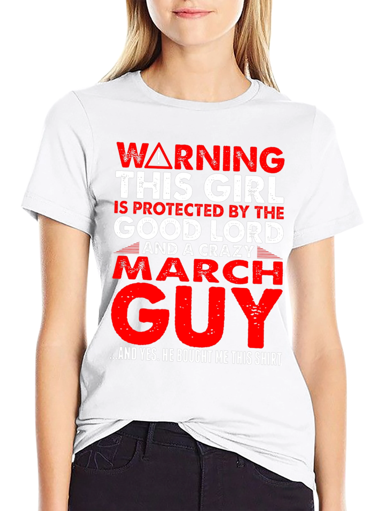 Black Warning Protected by Crazy March Guy T-Shirt view 9