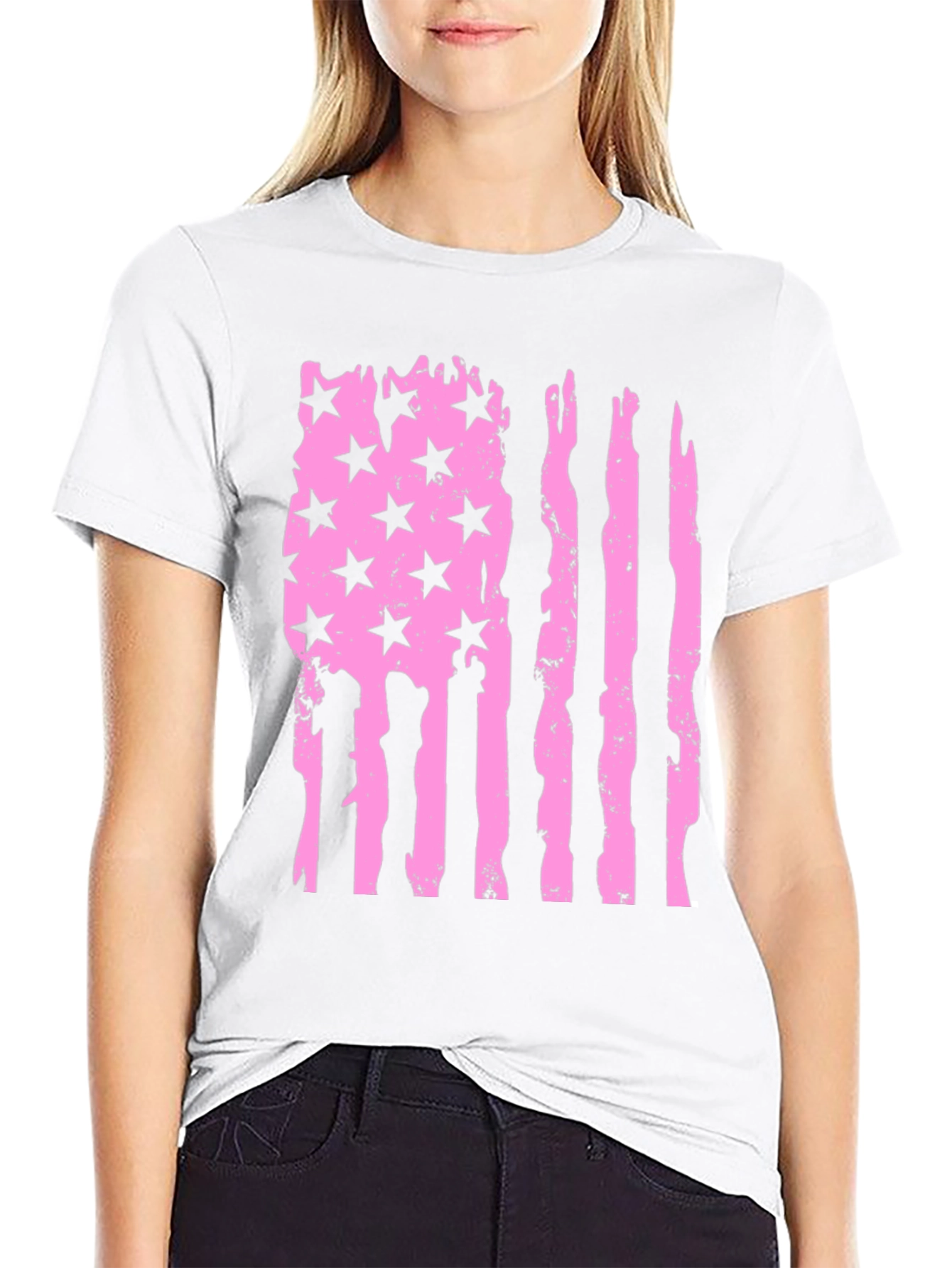 Black Distressed American Flag T-Shirt - Pink view 9